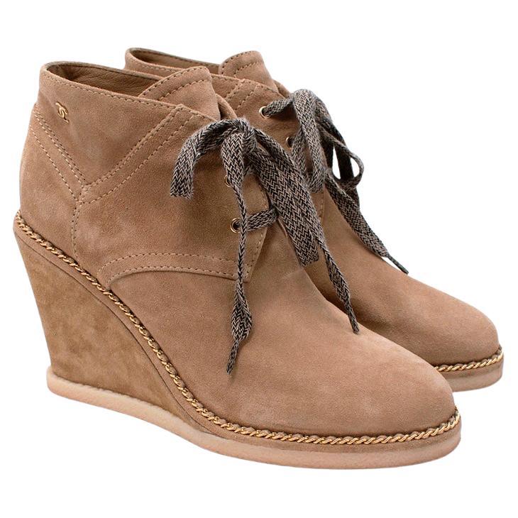 Chanel Sandy-Brown Suede Lace-Up Wedge 