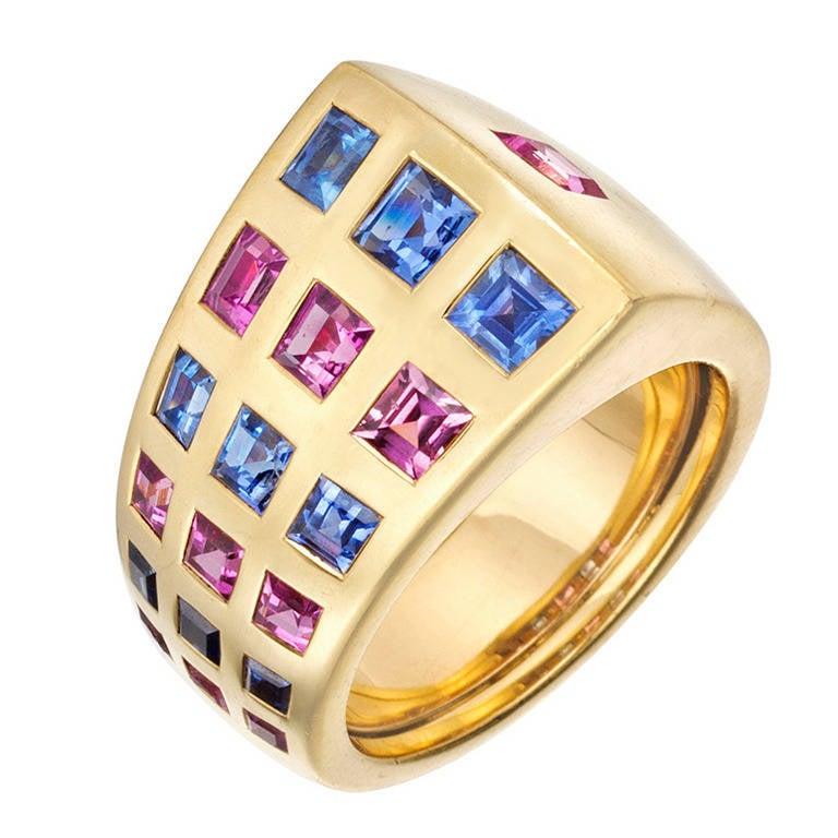 Chanel Sapphire Gold Byzantine Band Ring In Excellent Condition For Sale In Greenwich, CT
