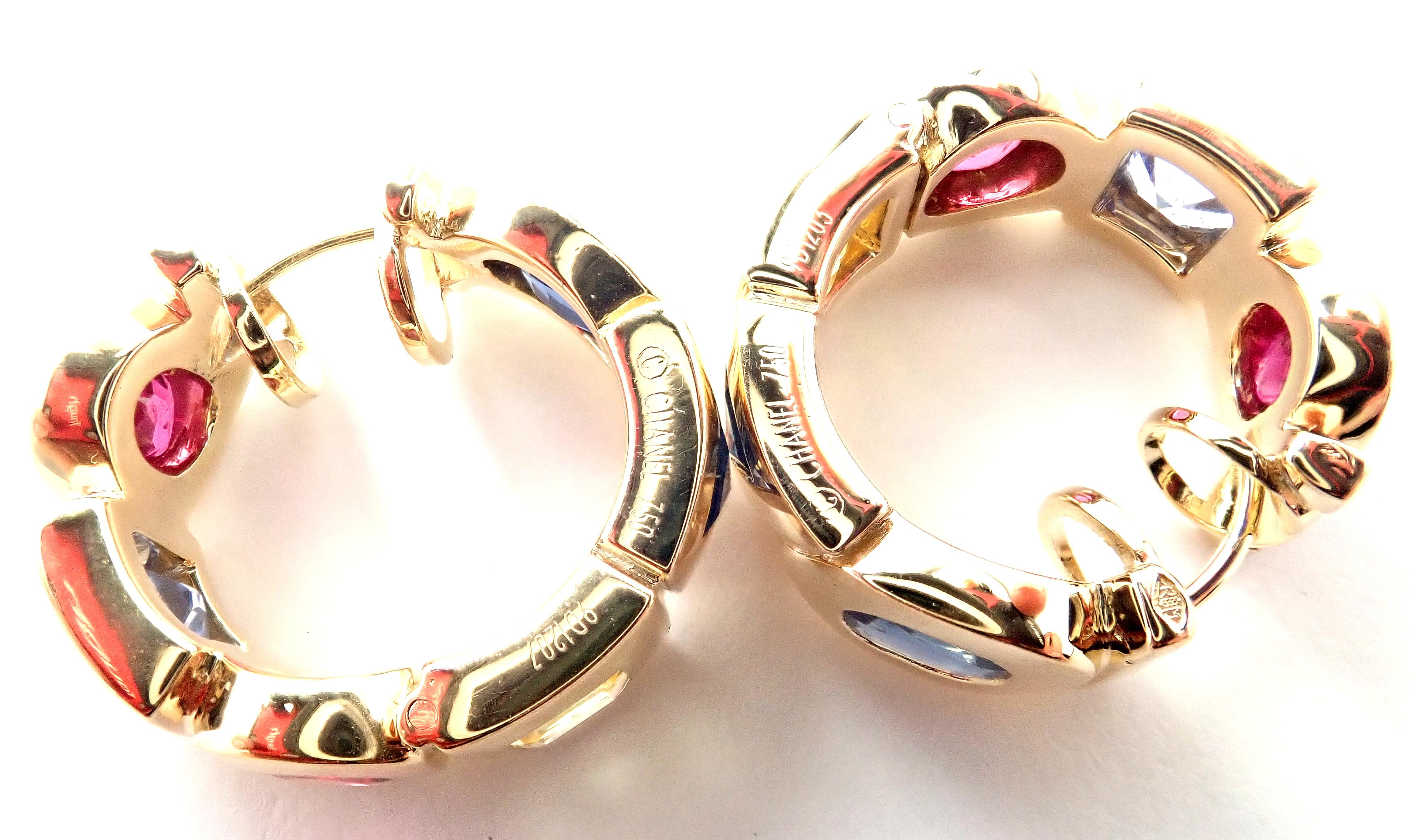 Women's or Men's Chanel Sapphire Ruby Citrine Yellow Gold Hoop Earrings