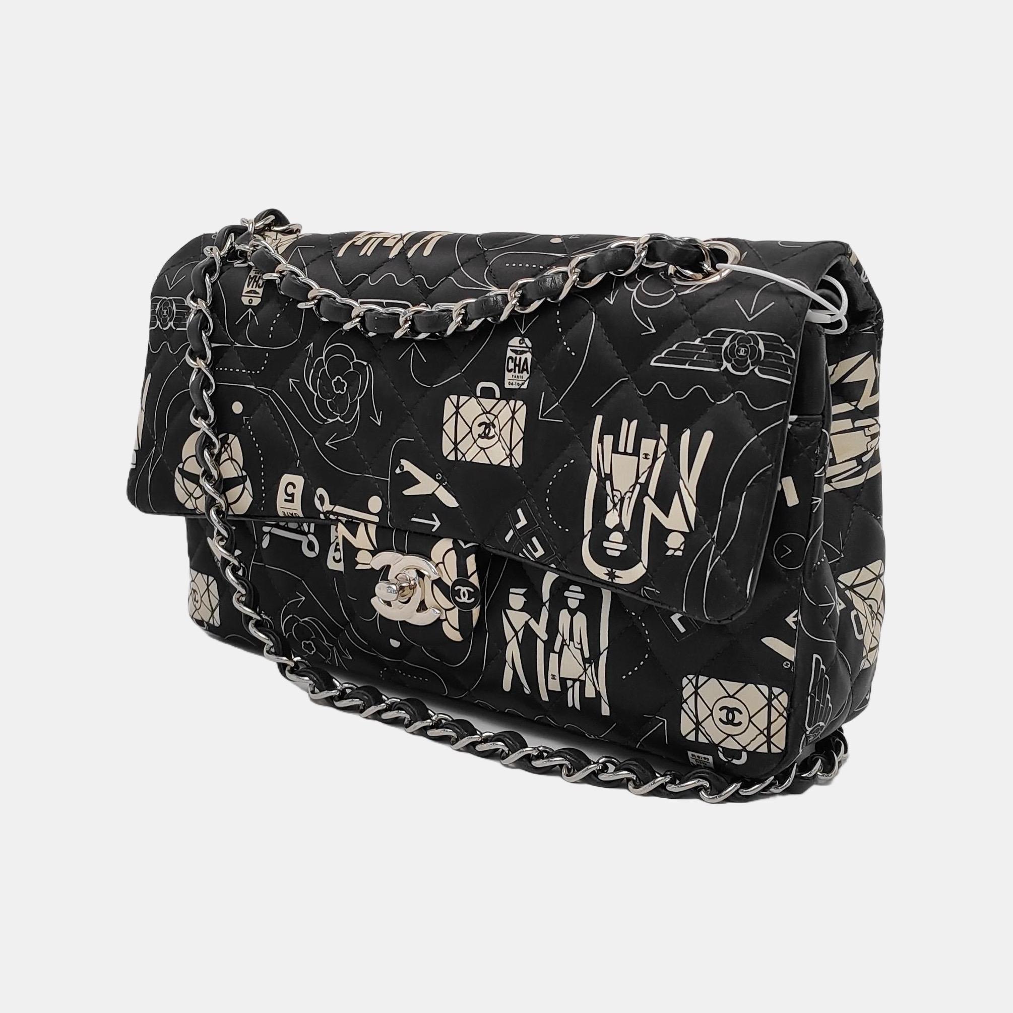 Chanel Satin Airline Printed Medium Double Flap Bag Black and White In Good Condition In AUBERVILLIERS, FR