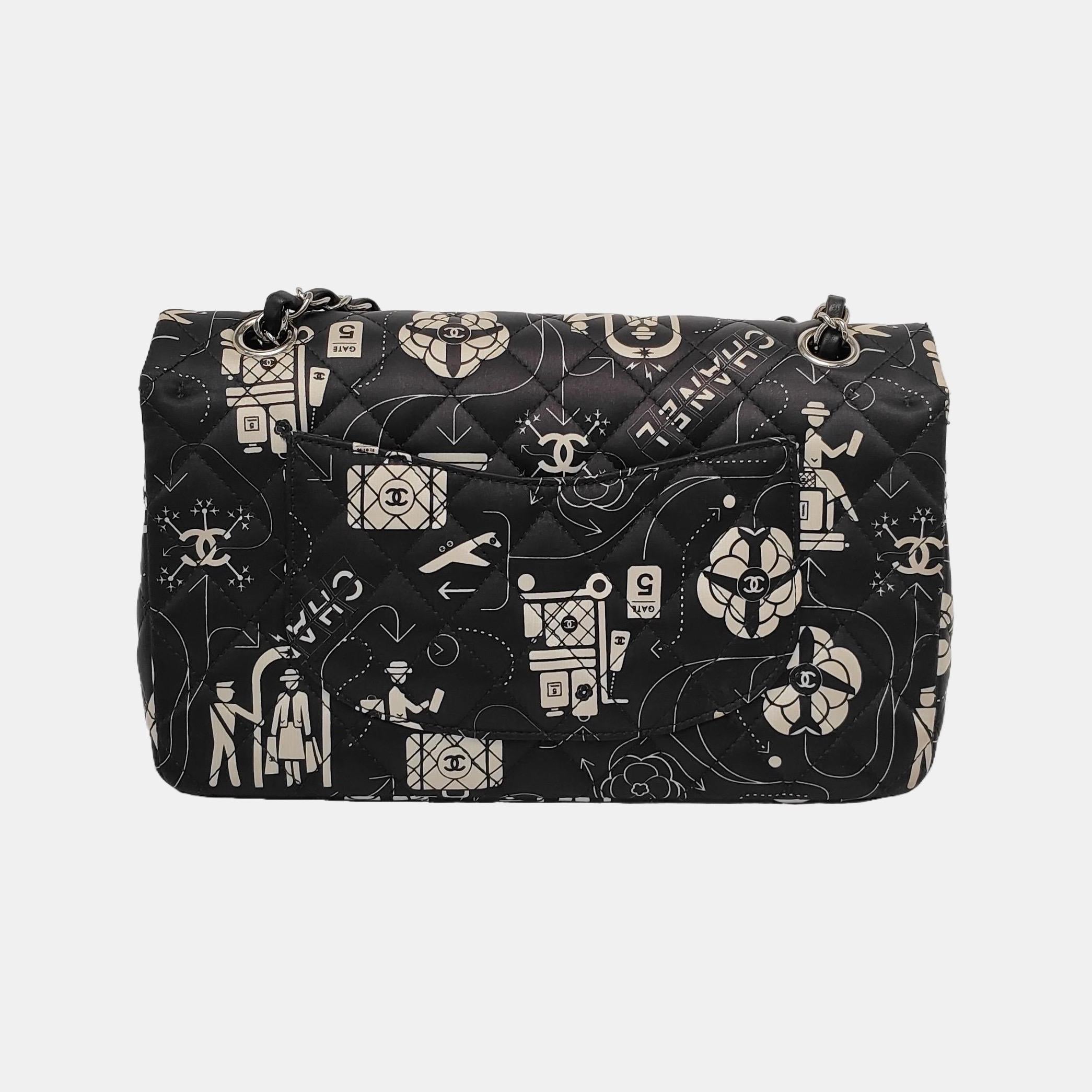 Chanel Satin Airline Printed Medium Double Flap Bag Black and White 1