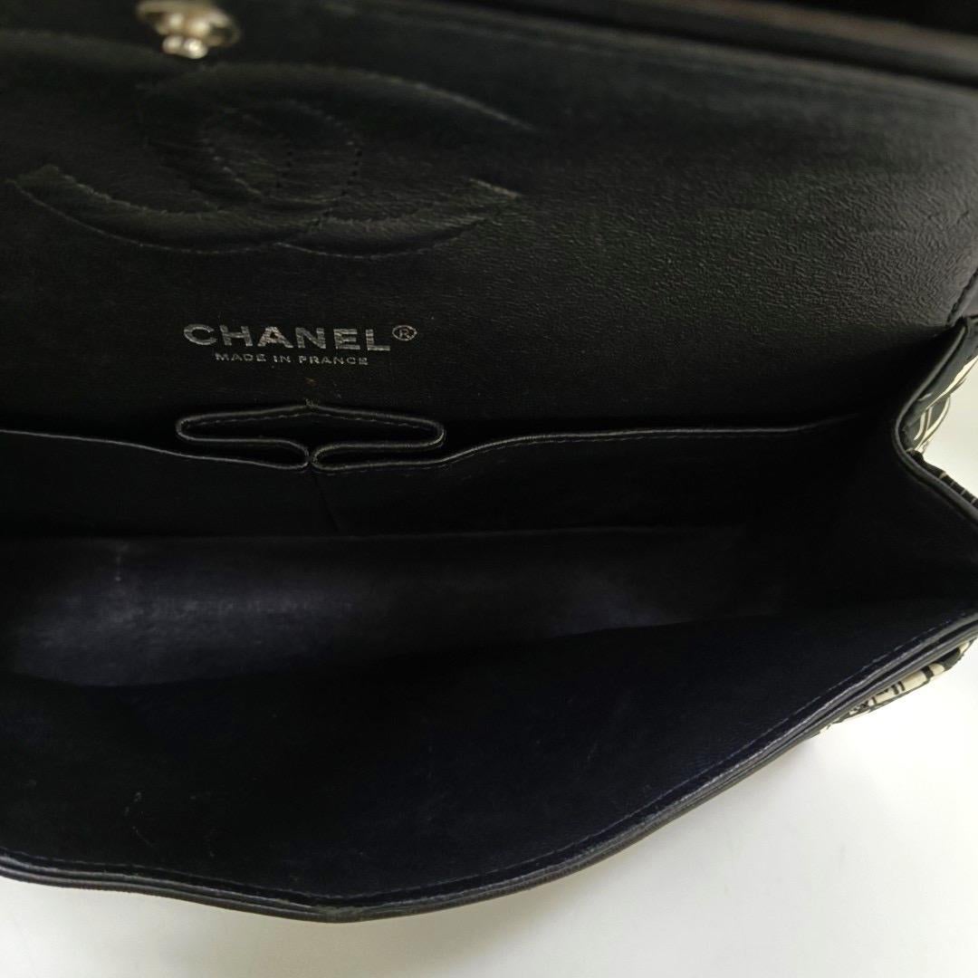 Chanel Satin Airline Printed Medium Double Flap Bag Black and White 4