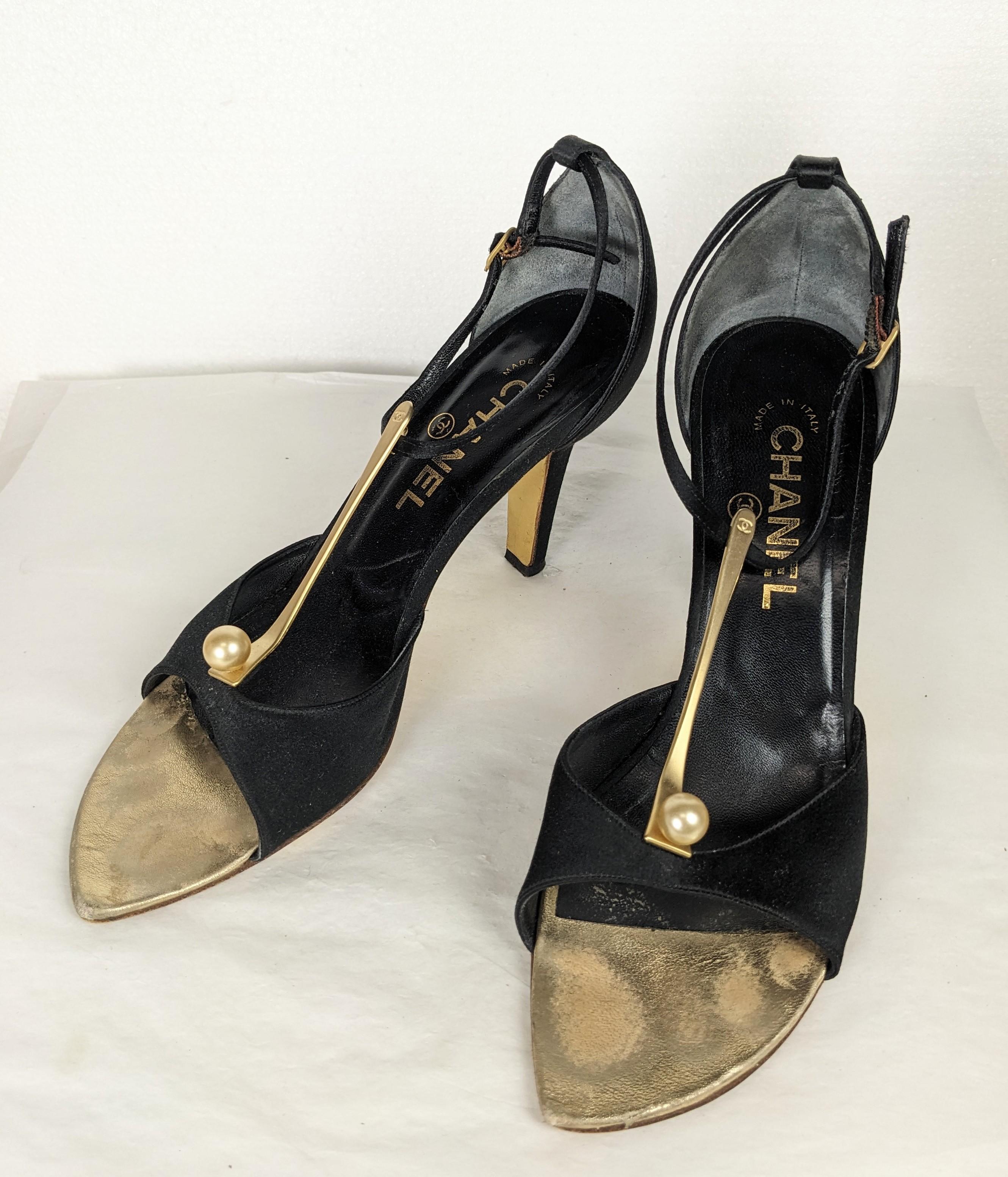 Black Chanel Satin and Pearl T Straps, 37.5 For Sale
