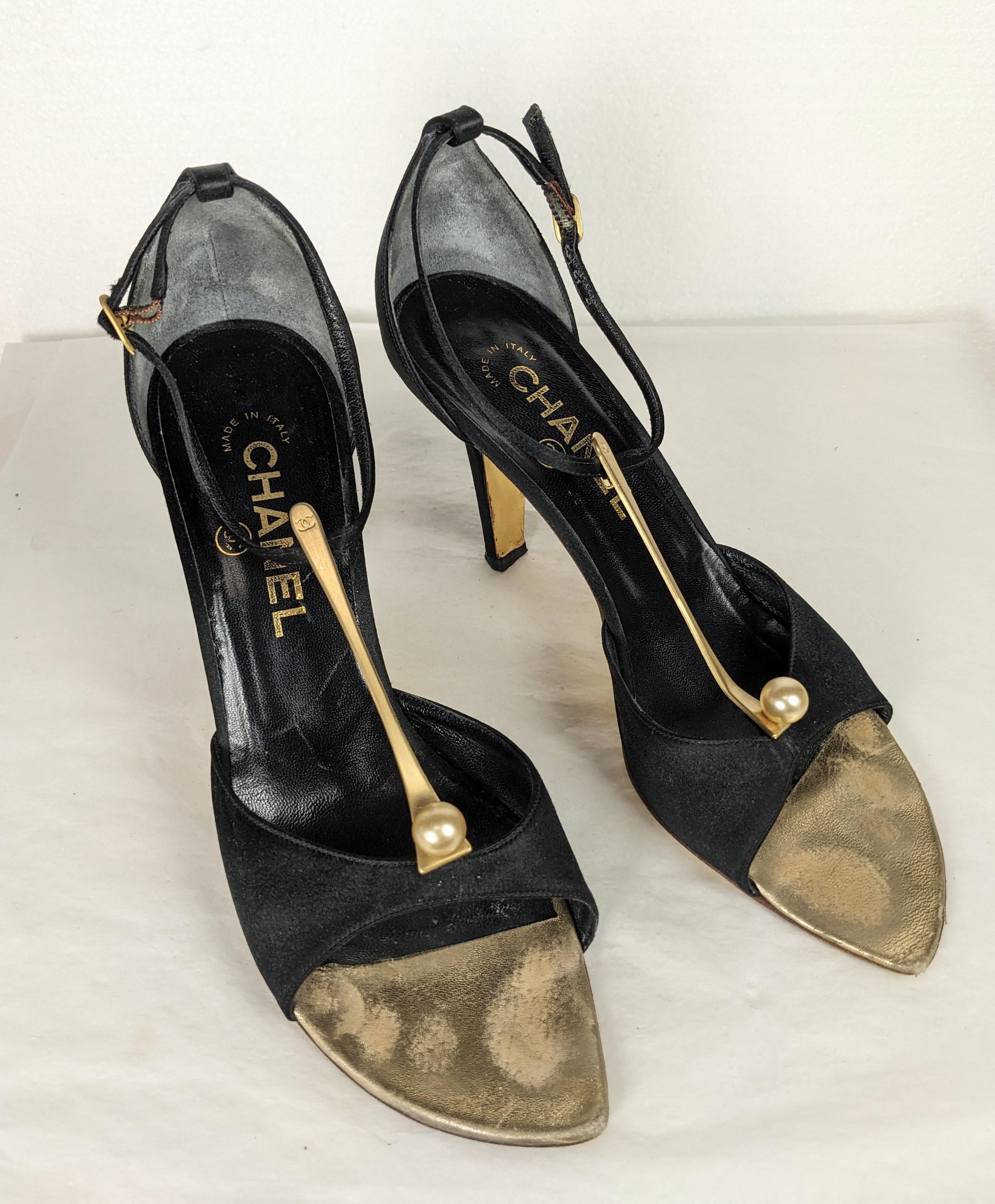 Chanel Satin and Pearl T Straps, 37.5 In Good Condition For Sale In New York, NY