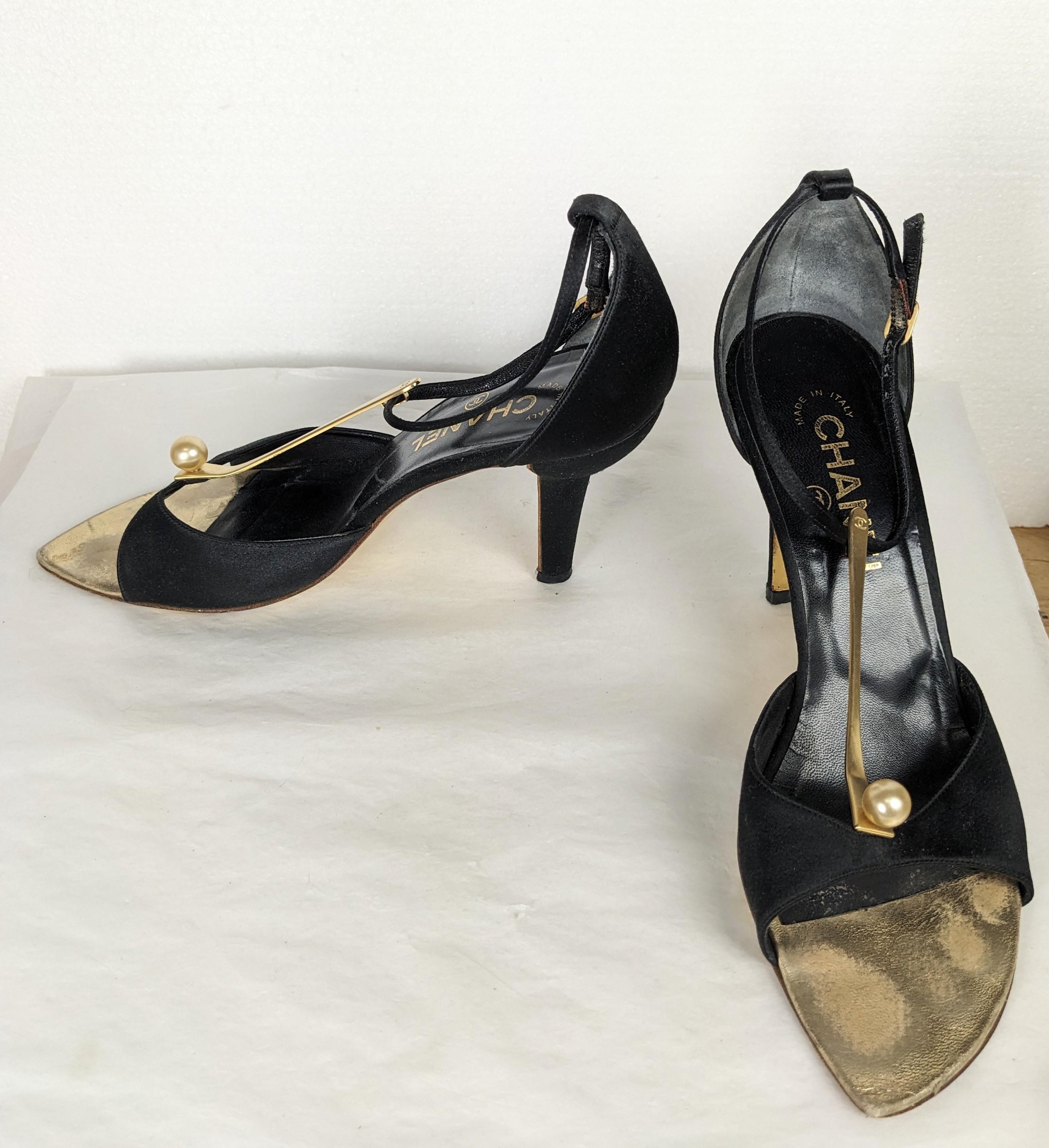Chanel Satin and Pearl T Straps, 37.5 For Sale 2