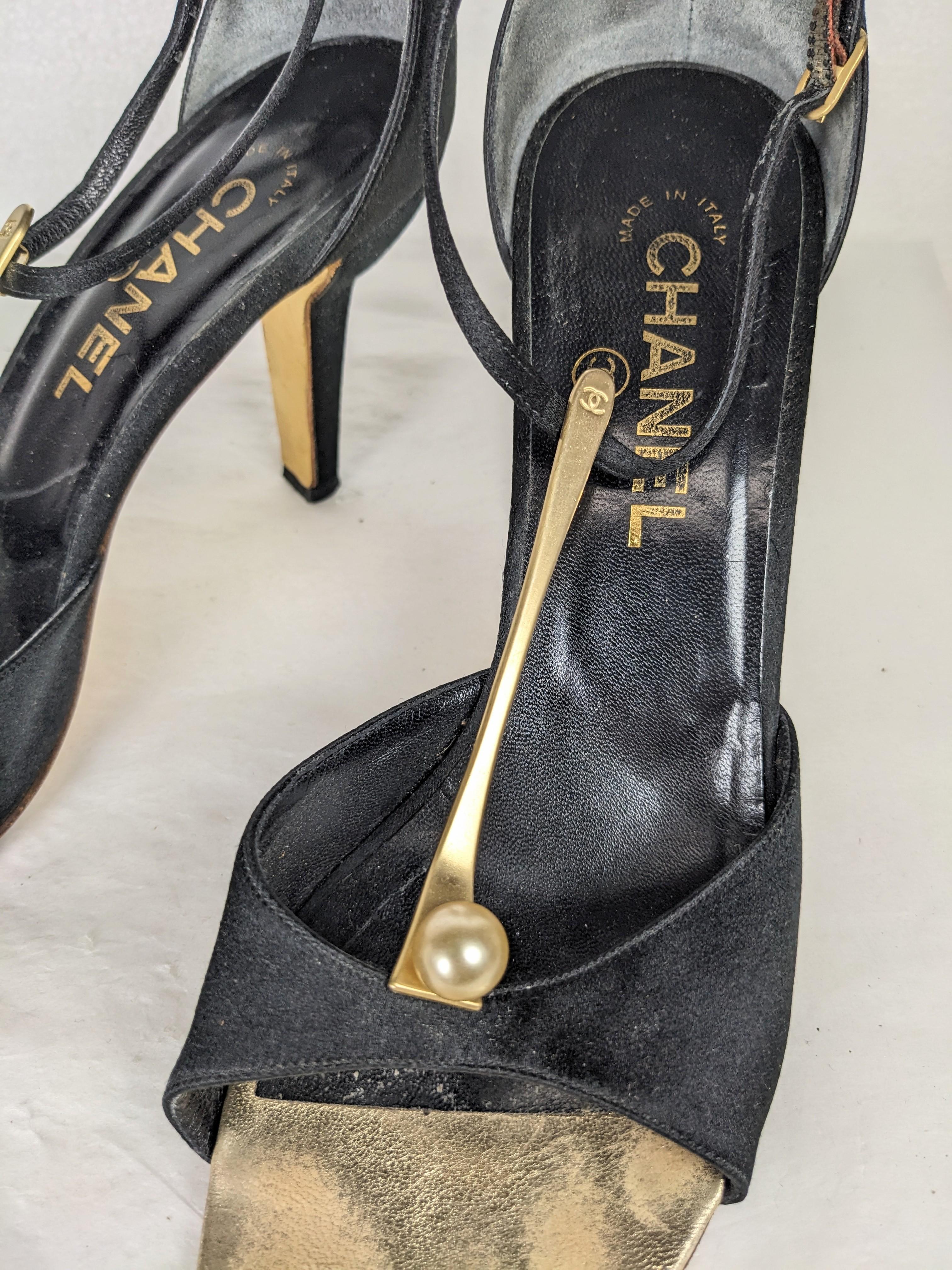 Chanel Satin and Pearl T Straps, 37.5 For Sale 4