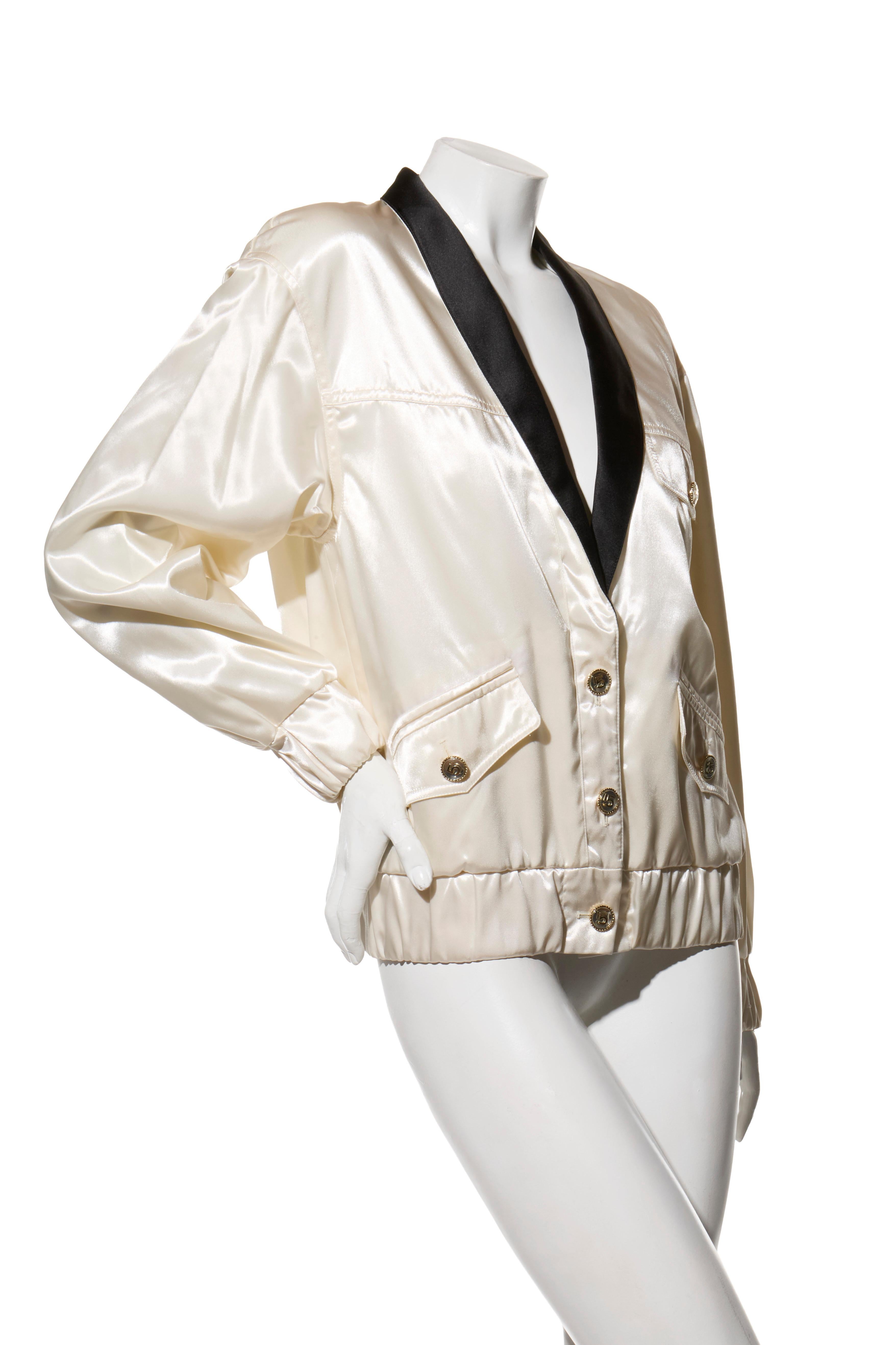 Chanel Satin Bomber Jacket Spring/Summer 2021 Ecru with Black Collar FR 34 NWT For Sale 1