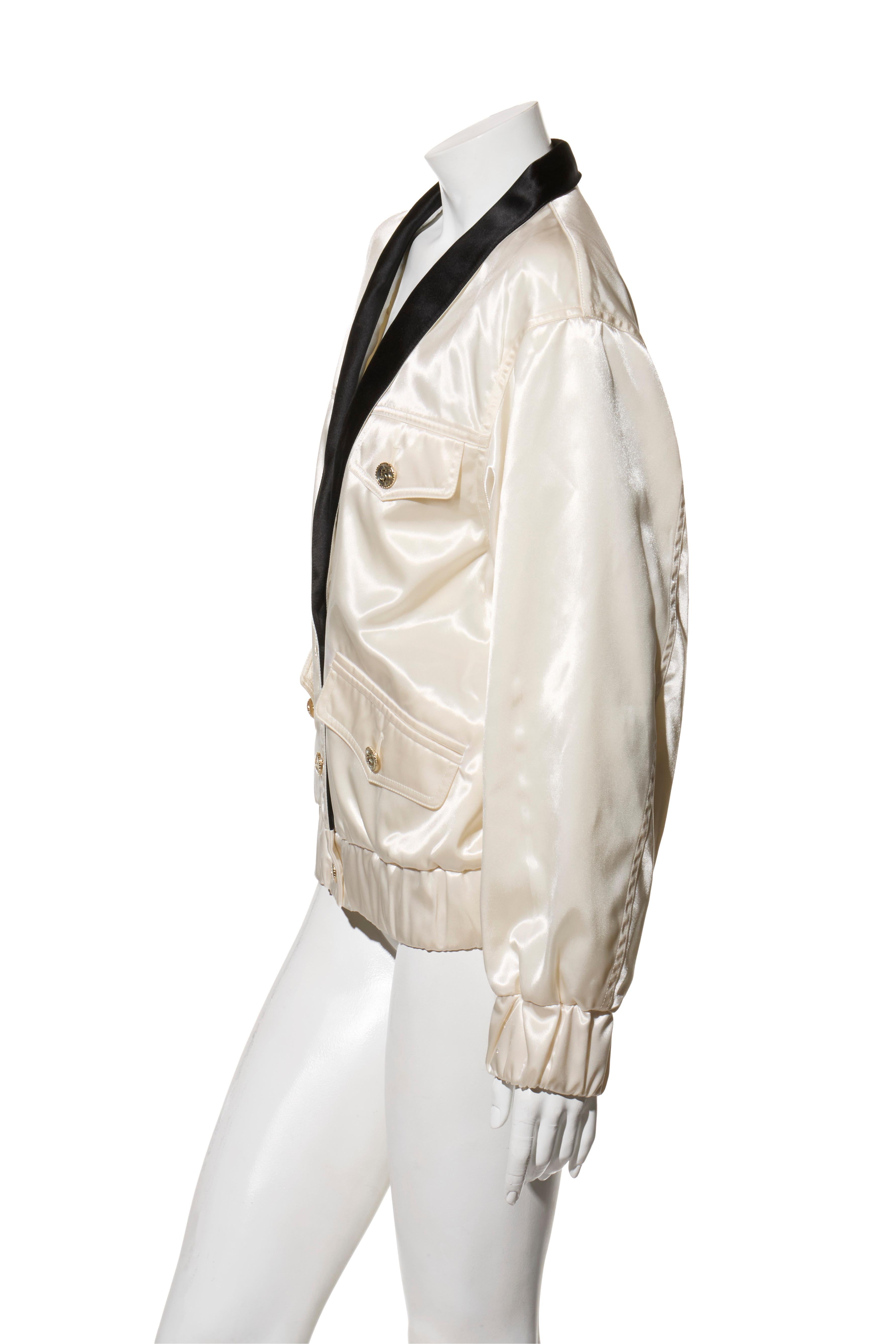 Chanel Satin Bomber Jacket Spring/Summer 2021 Ecru with Black Collar FR 34 NWT For Sale 2
