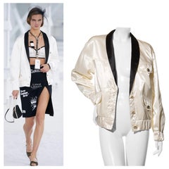 Chanel Satin Bomber Jacket Spring/Summer 2021 Ecru with Black Collar FR 34 NWT