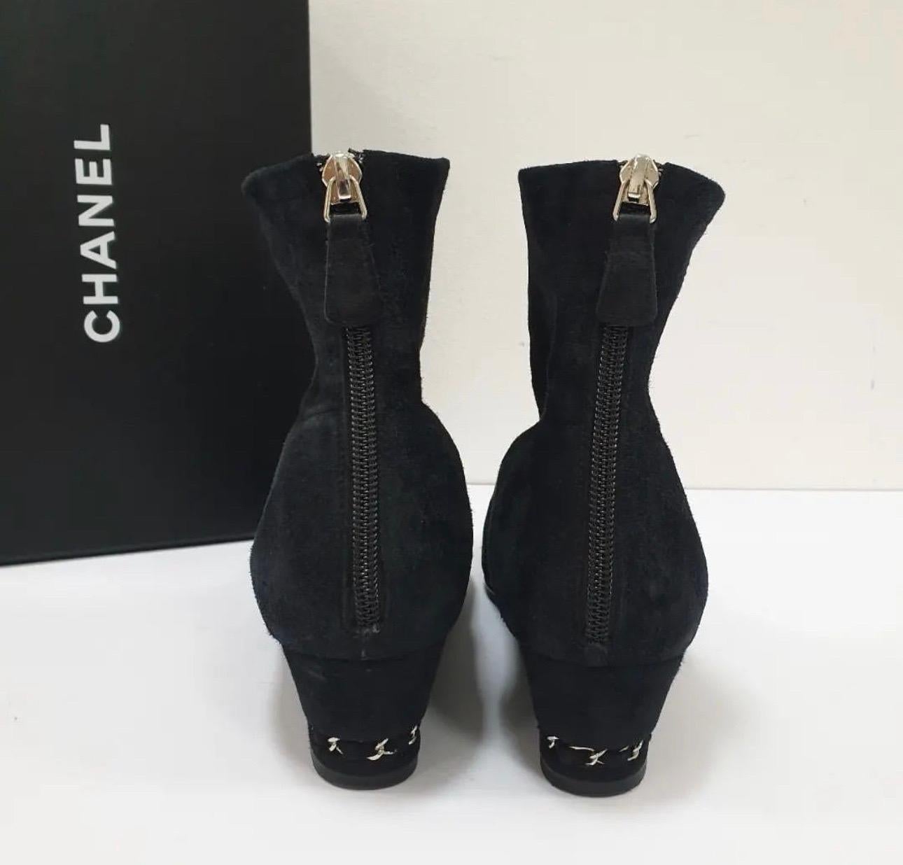 Women's Chanel Satin CC Toe Black Suede Chain Wedge Booties
