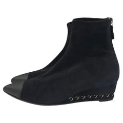 Chanel Satin CC Toe Black Suede Chain Wedge Booties