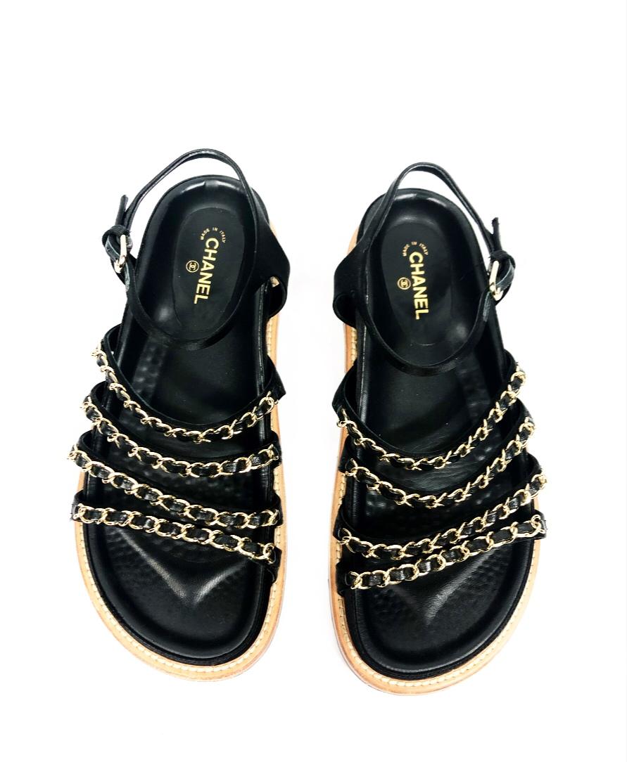 CHANEL Satin Lambskin Flat Sandals w/ 10mm Chain- Link Strap Size 38 at  1stDibs | chanel chain sandals, chanel chain link sandals, chanel lambskin  sandals