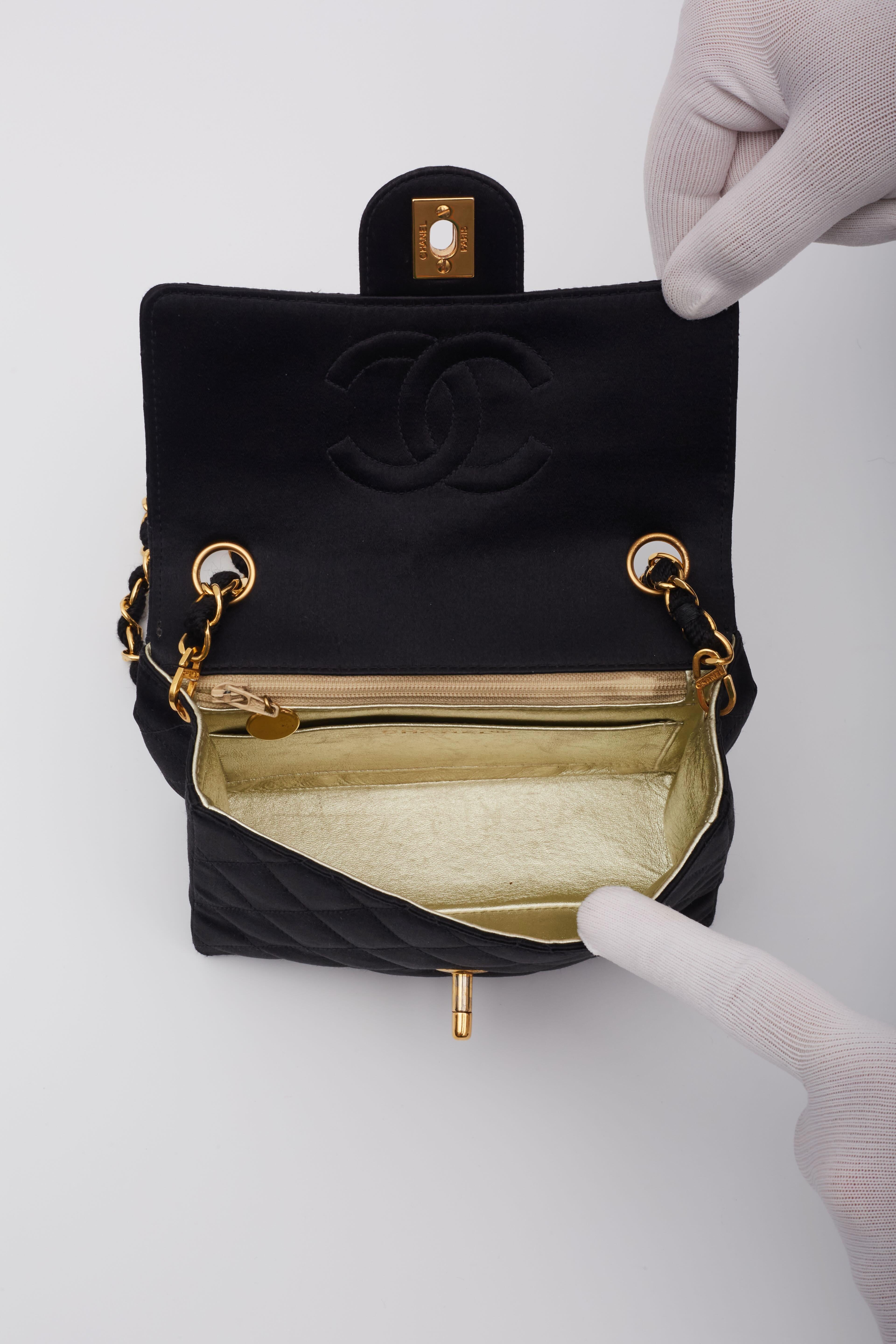 Chanel Satin Quilted Black Square Mini Flap Bag For Sale 6
