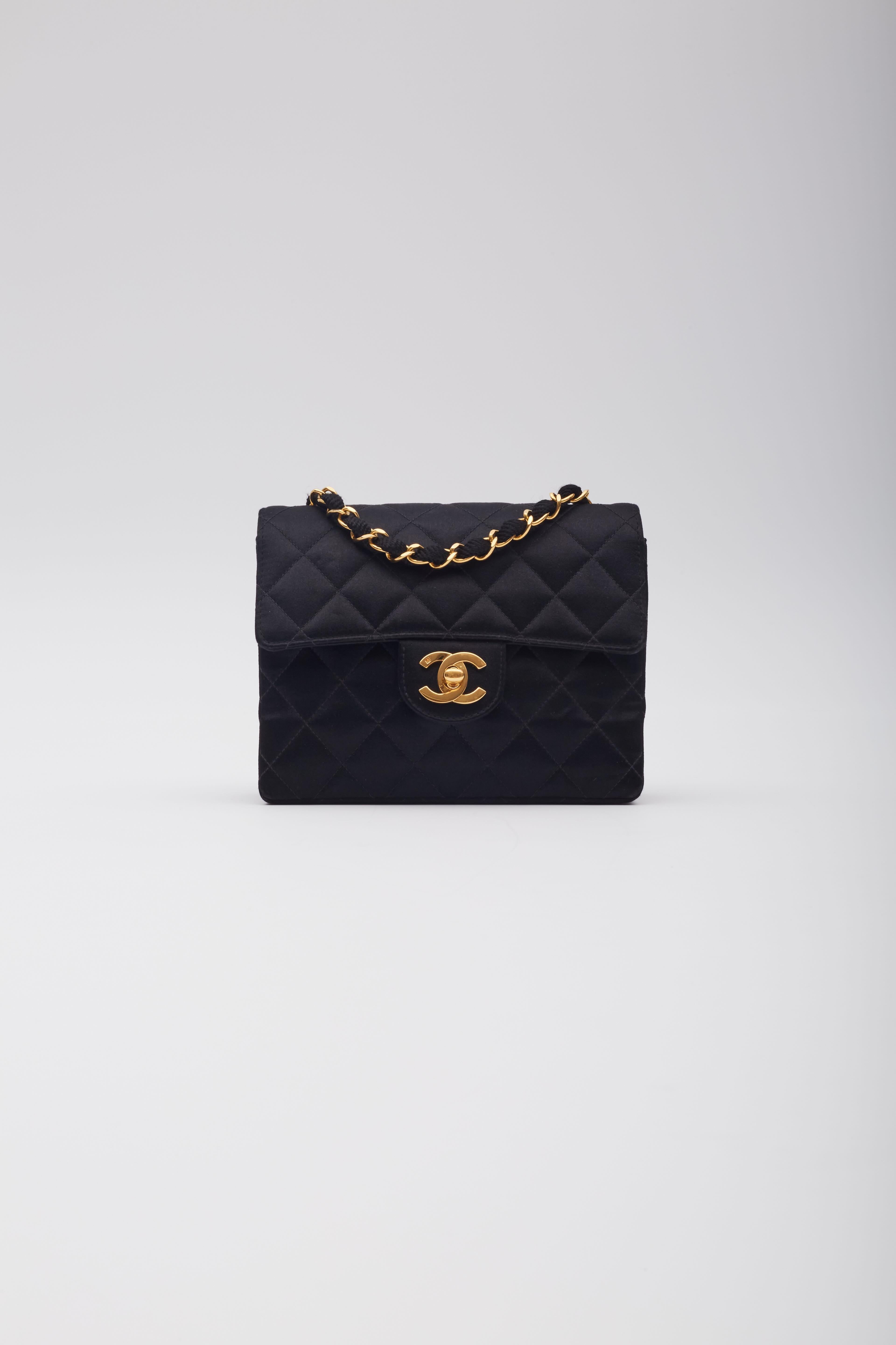 Chanel Satin Quilted Black Square Mini Flap Bag In Good Condition For Sale In Montreal, Quebec
