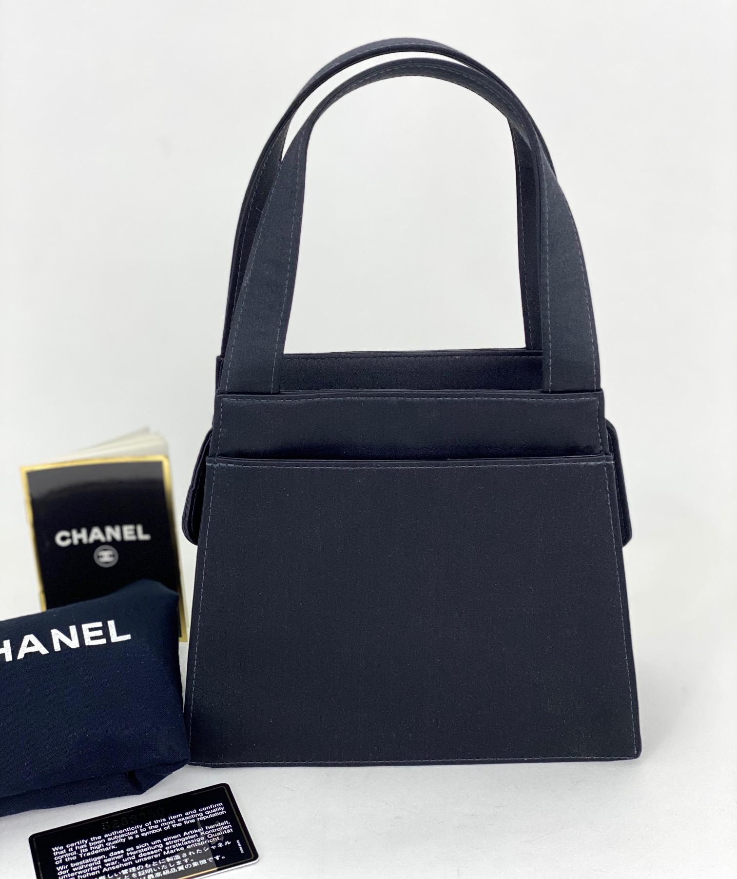 Women's Chanel Satin Vintage Black Mini Handle Tote Bag Purse Handbag 