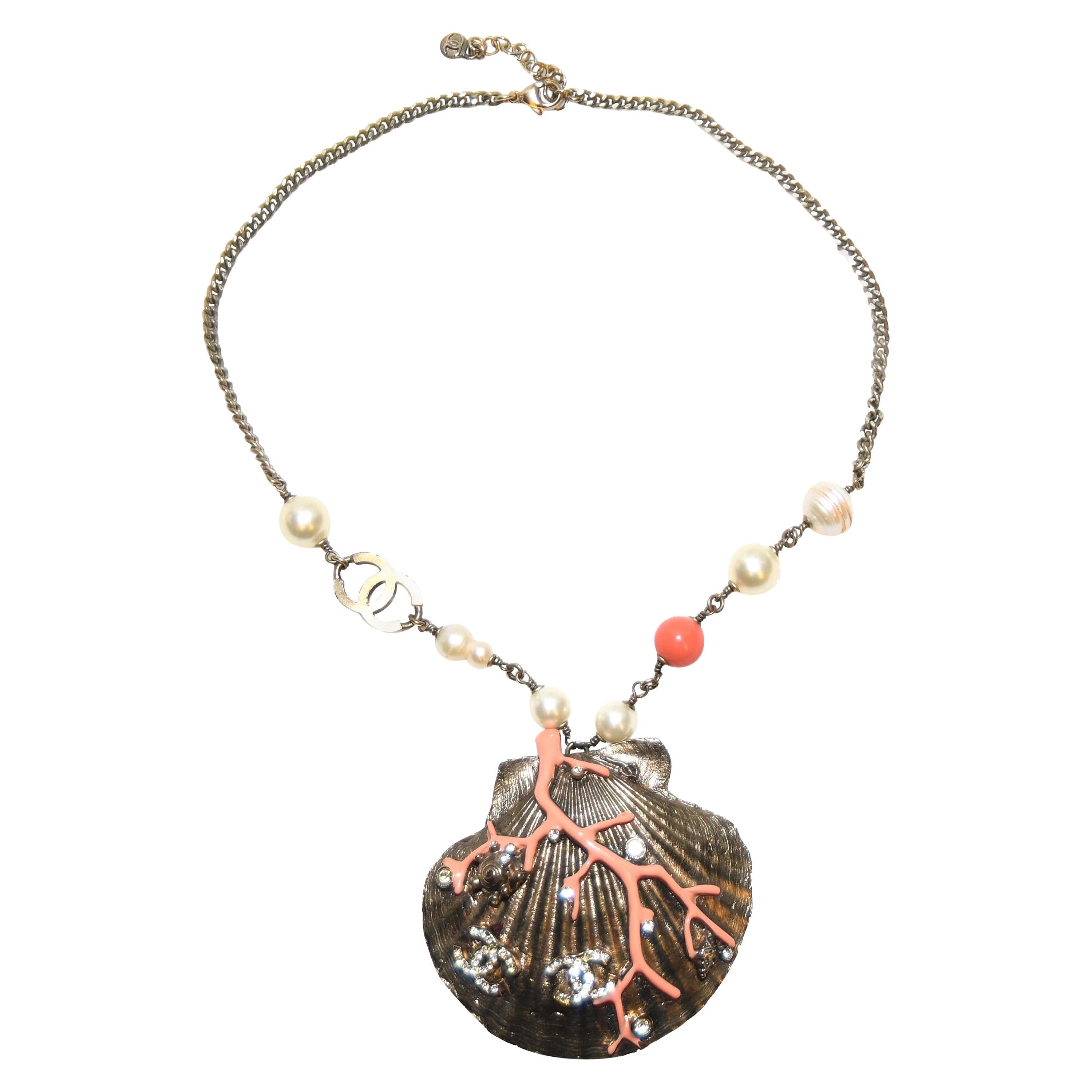 Chanel Scallop Shell Necklace Pearls, Crystals, Coral Bead, Coral Branch