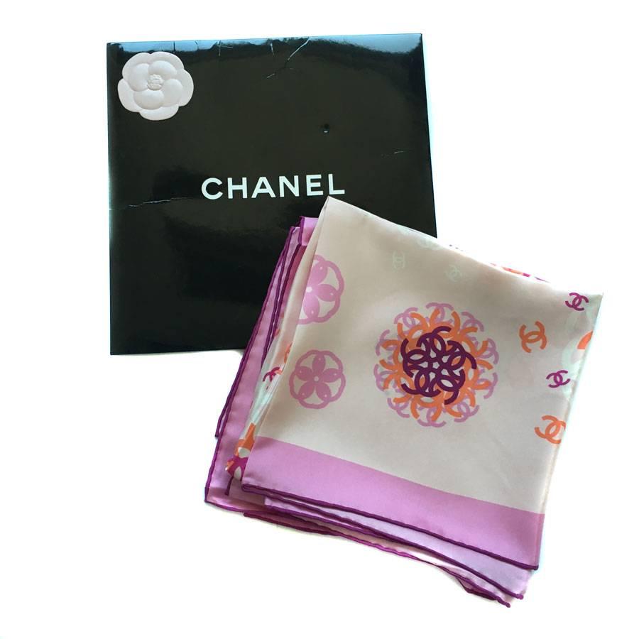 Brown CHANEL Scarf in Pale Pink Silk and Dark Pink Border