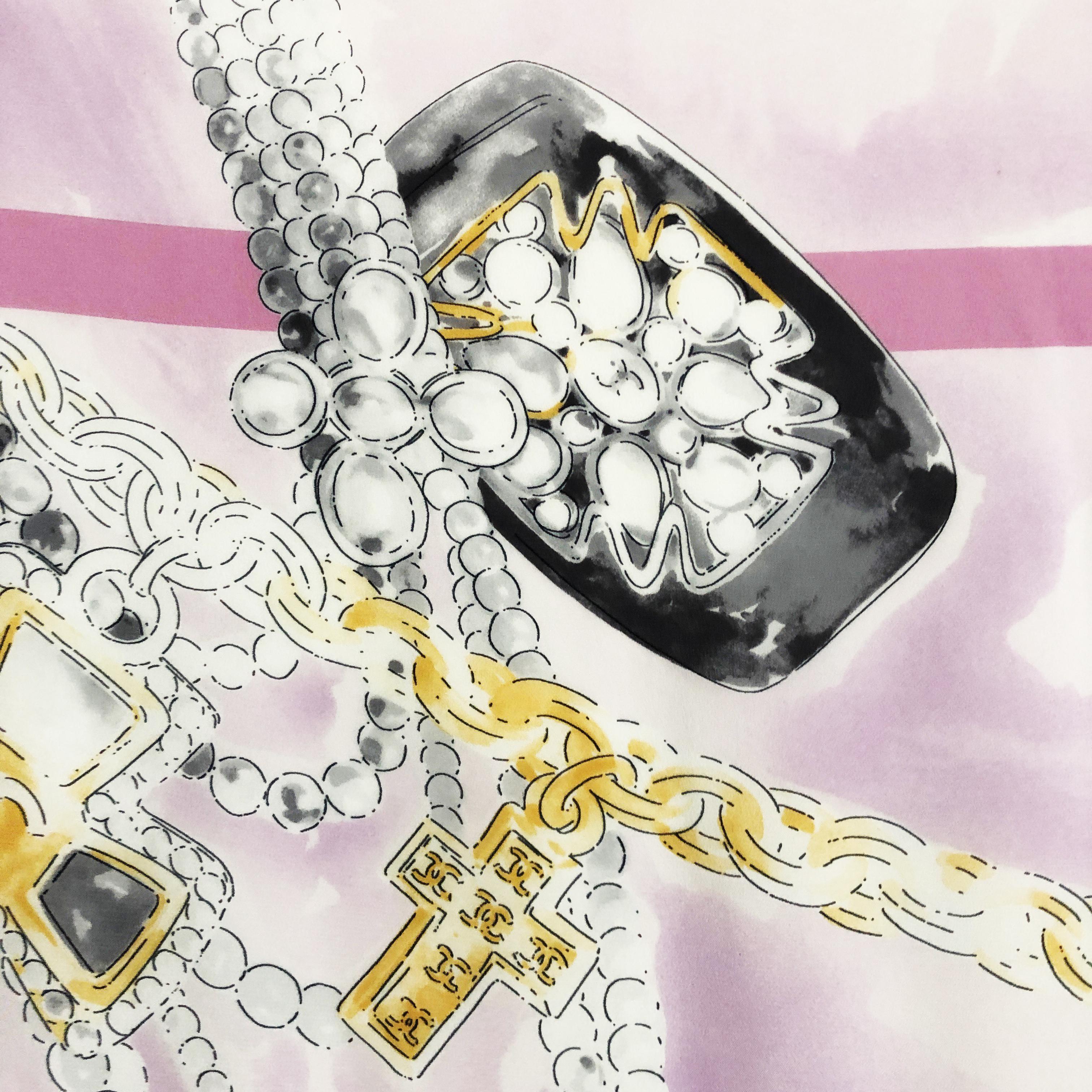 Chanel Scarf Shawl Silk Graphic Bijoux Jewelry Pearls Motif CC Logo 34in  For Sale 6
