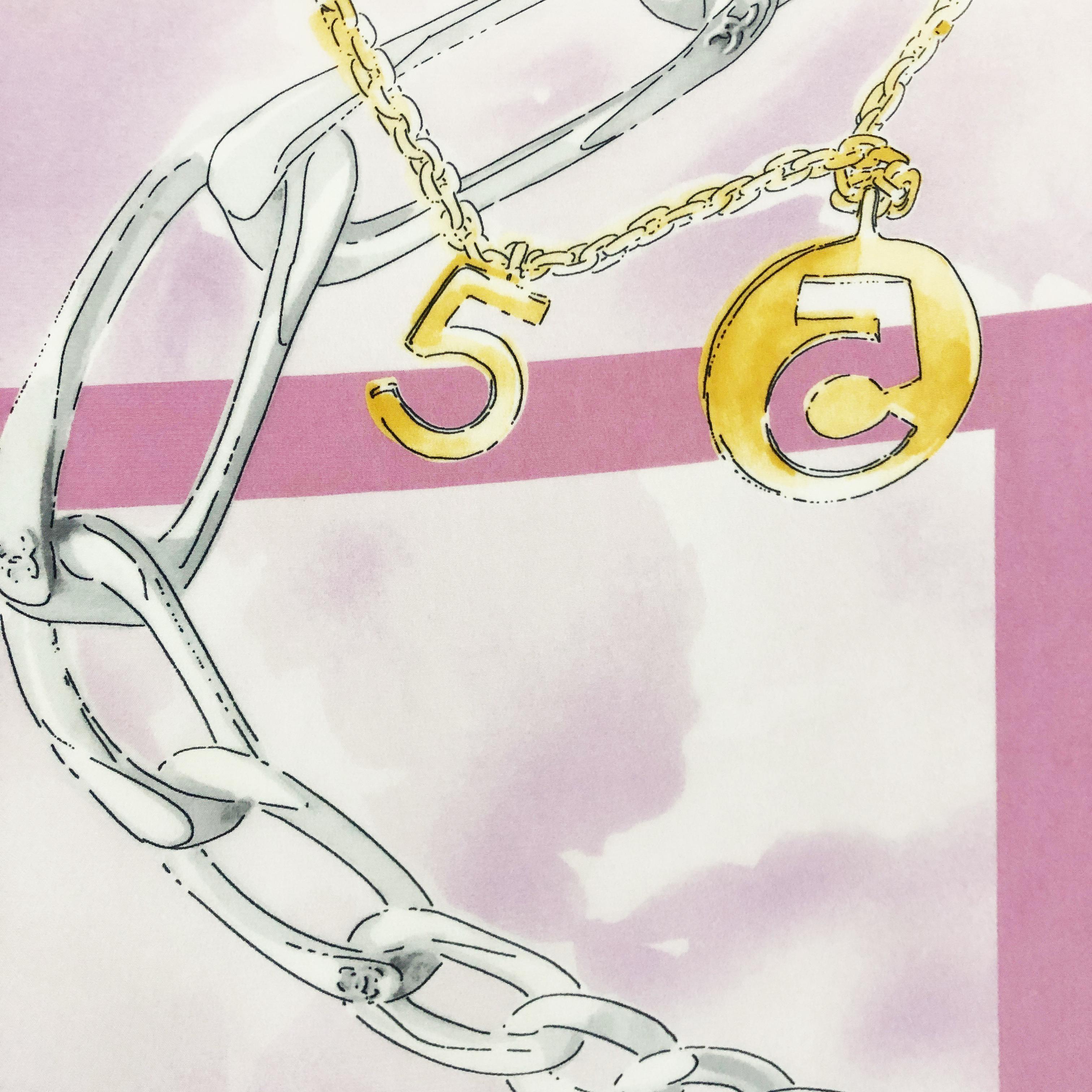 Chanel Scarf Shawl Silk Graphic Bijoux Jewelry Pearls Motif CC Logo 34in  For Sale 7