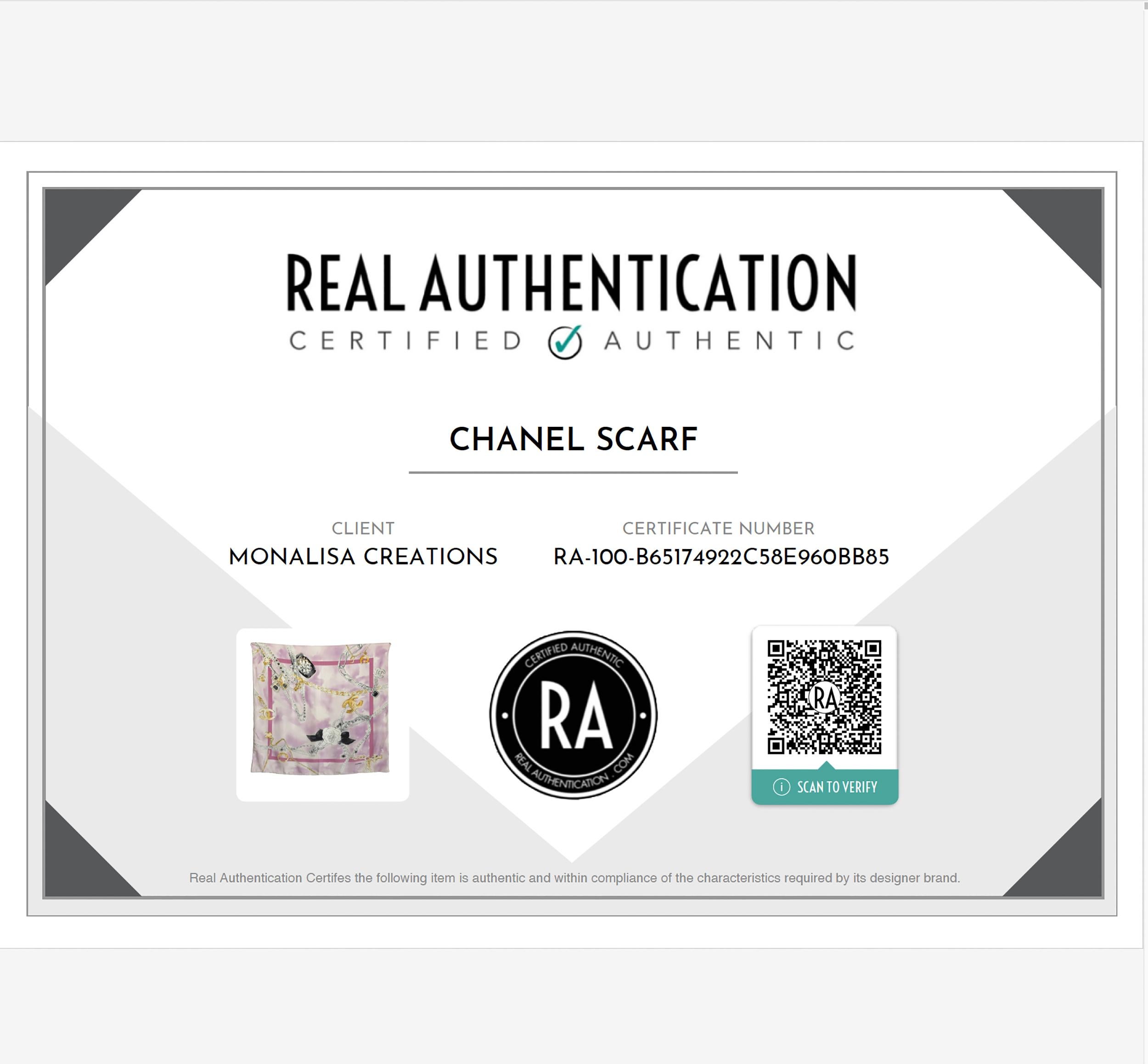 Chanel Scarf Shawl Silk Graphic Bijoux Jewelry Pearls Motif CC Logo 34in  For Sale 8