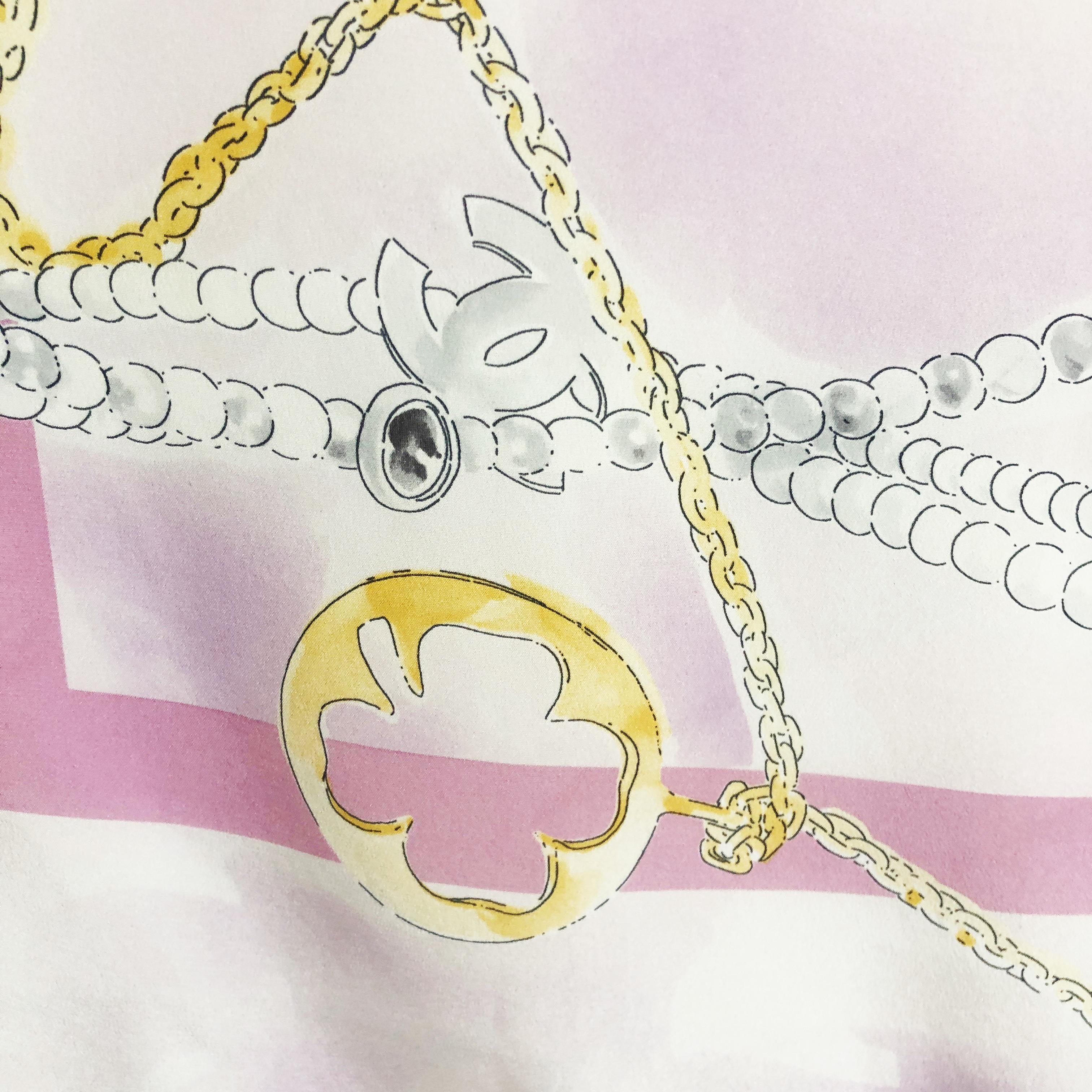 Chanel Scarf Shawl Silk Graphic Bijoux Jewelry Pearls Motif CC Logo 34in  For Sale 5