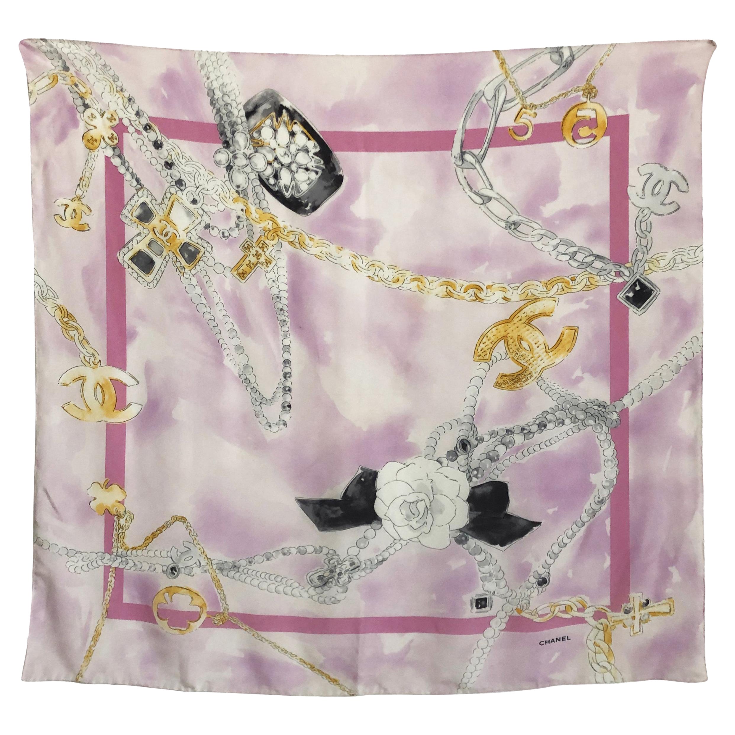 Chanel Schal Seide Aquarell Grafik Bijoux Schmuckmotiv CC Logo 34in