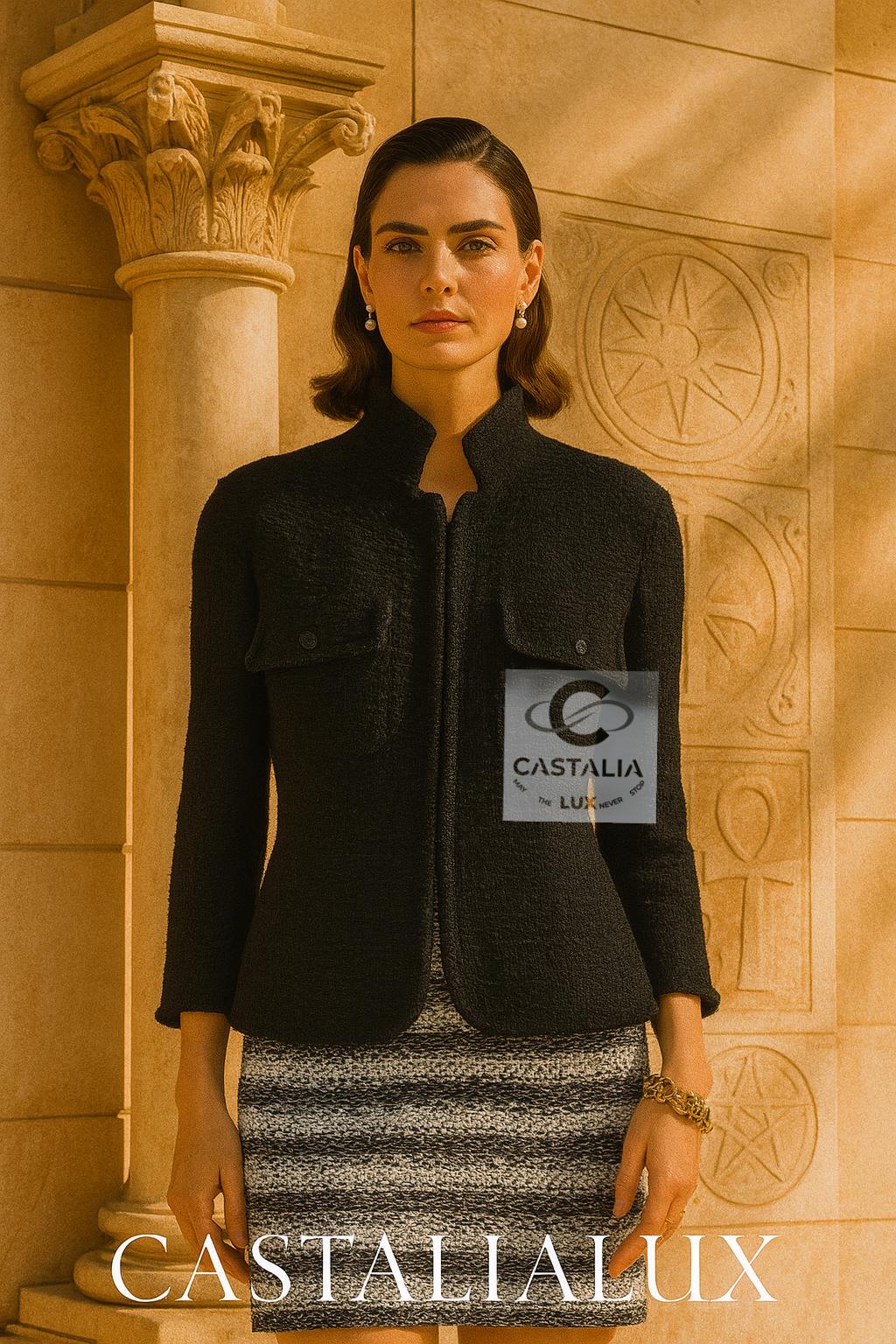 Nero Chanel Giacca in tweed nero dal minimalismo scultoreo 44 FR in vendita