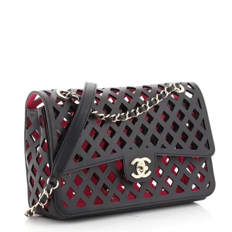 Black Chanel Sea Through Flap Bag Perforated Calfskin with Quilted Printed Fabric