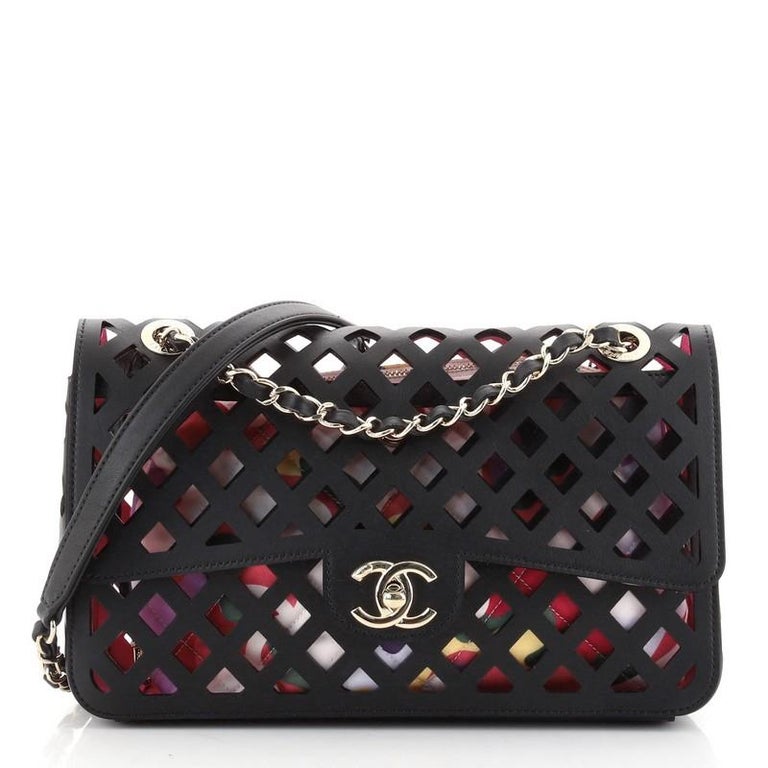 Chanel Sea Through Flap Bag Perforated Calfskin with Quilted Printed Fabric  at 1stDibs