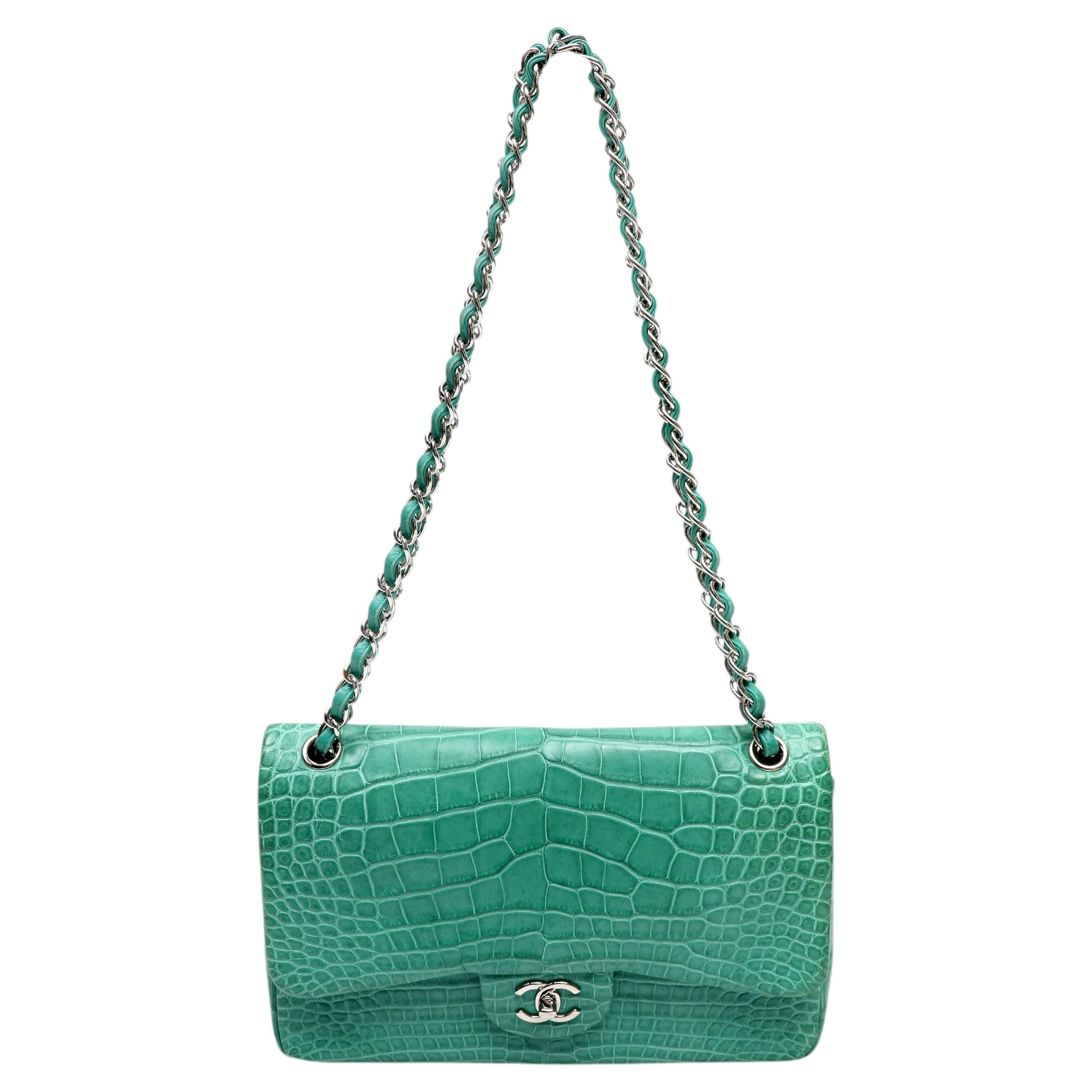Chanel Green Alligator Jumbo Classic Double Flap Bag with Gold Hardware
