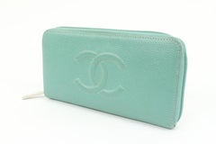 Chanel Seafoam Green Caviar Leather CC Logo Zip Around Wallet Zippy 68ck328s