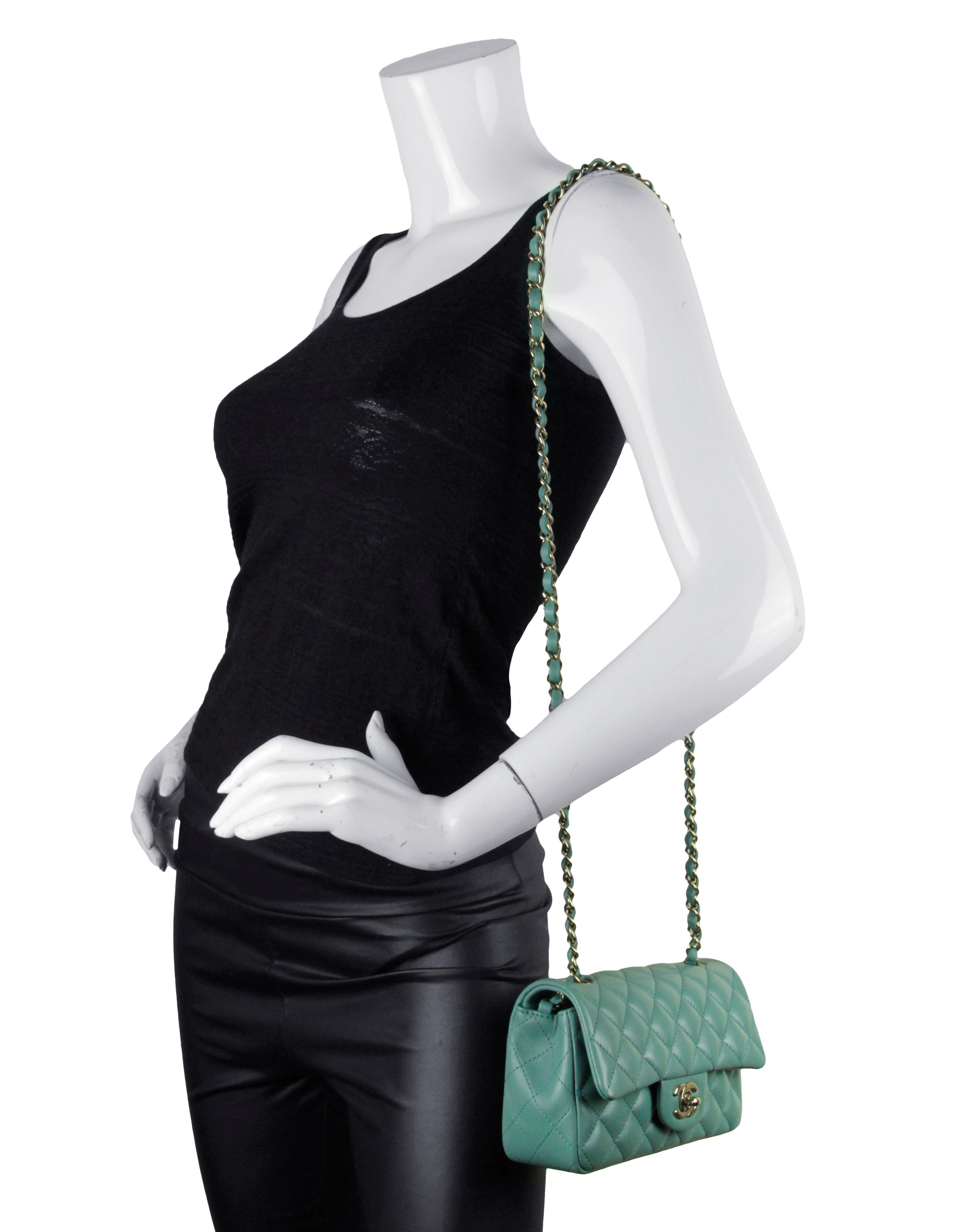 Chanel Seafoam Green Lambskin Quilted Rectangular Mini Flap Bag

Made In: Italy
Color: Seafoam green
Hardware: Brushed goldtone
Materials: Lambskin leather
Lining: Smooth leather
Closure/Opening: Flap top with CC twistlock
Exterior Pockets:One back