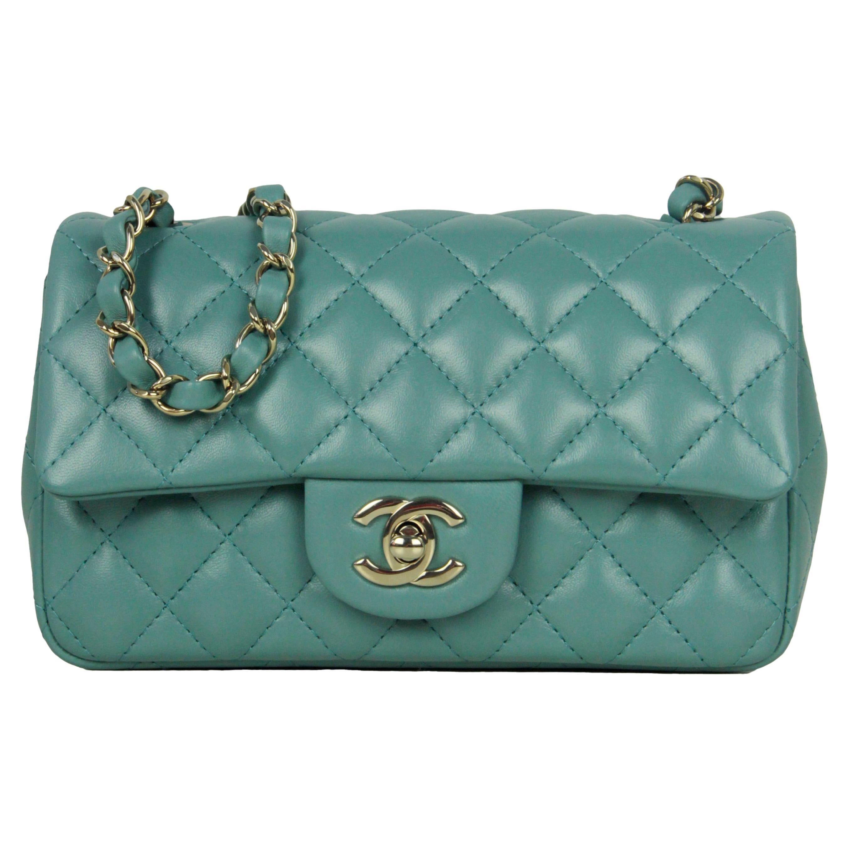 Chanel Seafoam Green Lambskin Quilted Rectangular Mini Flap Bag