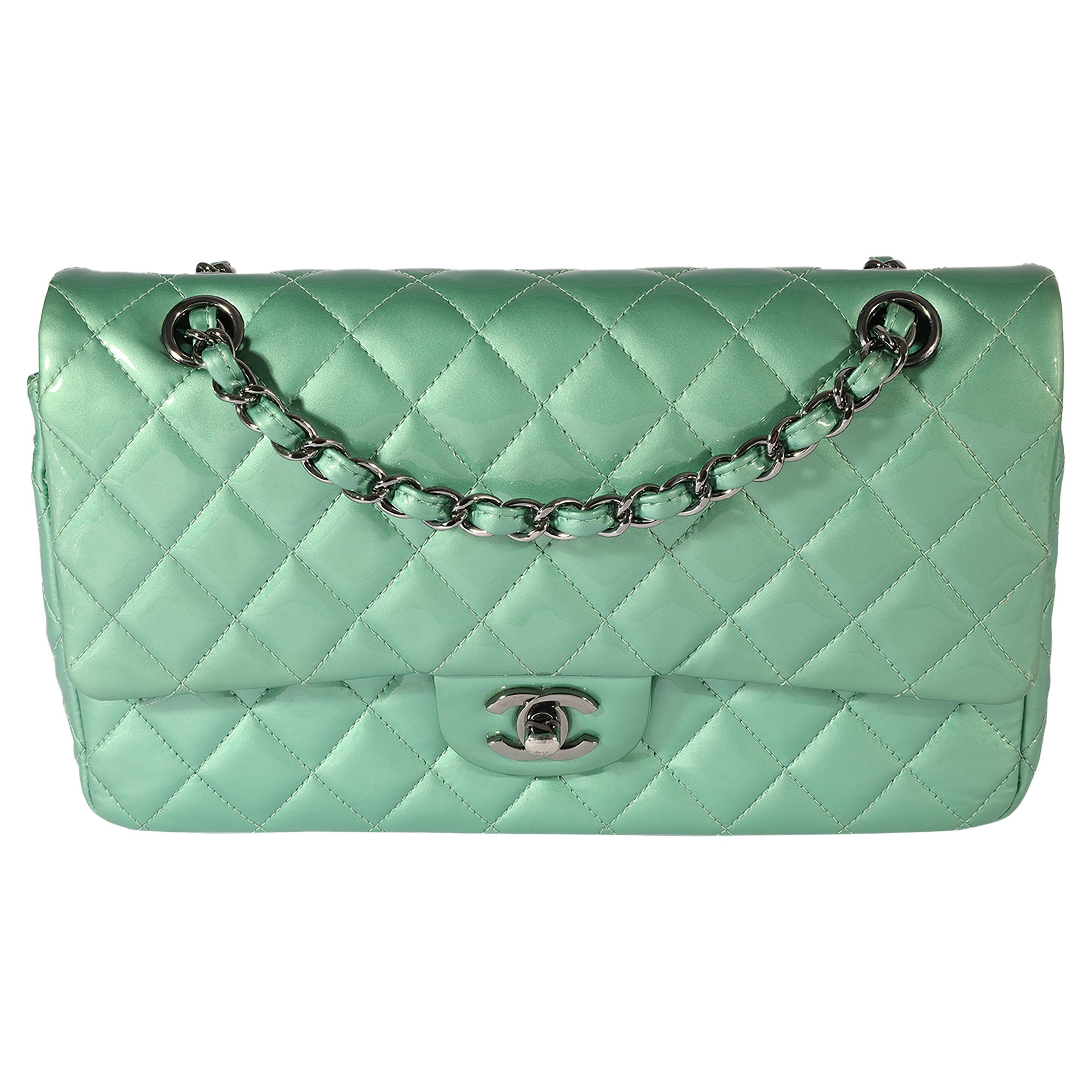 Chanel Seafoam Quilted Patent Leather Medium Classic Double Flap Bag