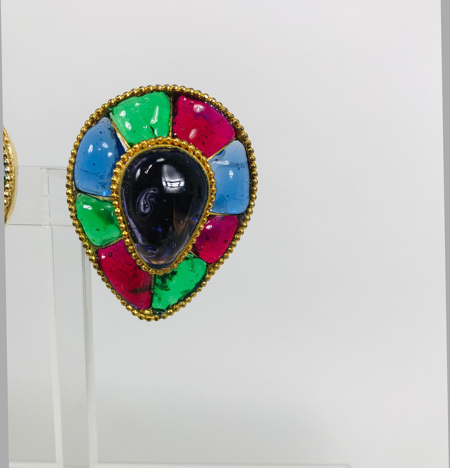 Chanel Season 26, large Gripoix reverse teardrop earrings in blue, green & red glass.  Designed by Victoire de Castallane 1986. Beaded gold bezel, the center holds a large blue glass reverse teardrop shape, the outer edge is surrounded with