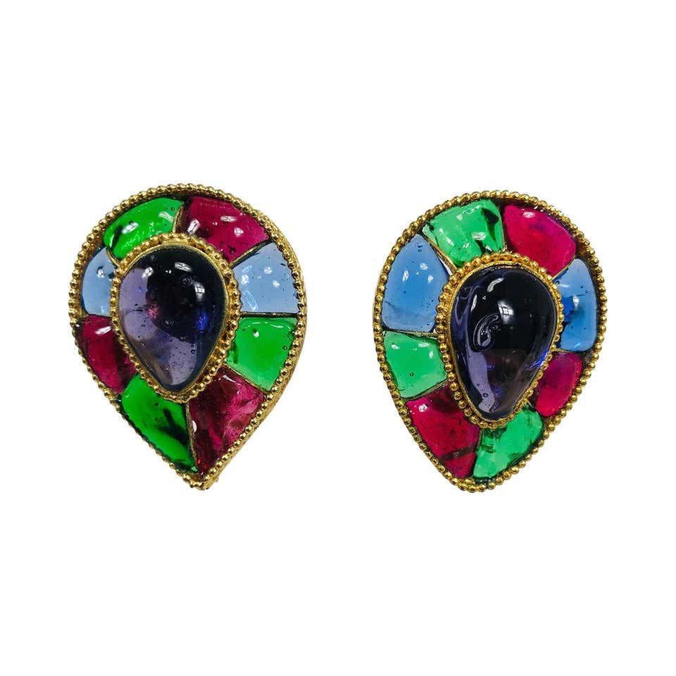 Maison Gripoix for Chanel Large Medieval Trefoil Poured Glass Earclips ...