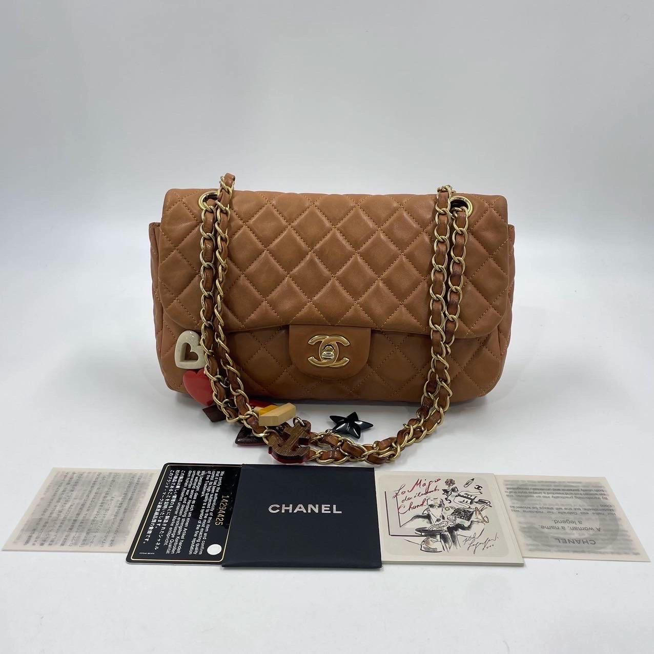 Chanel Seasonal Flap Medium Caramel Tan Brown Leather Valentine Marine Charms For Sale 5