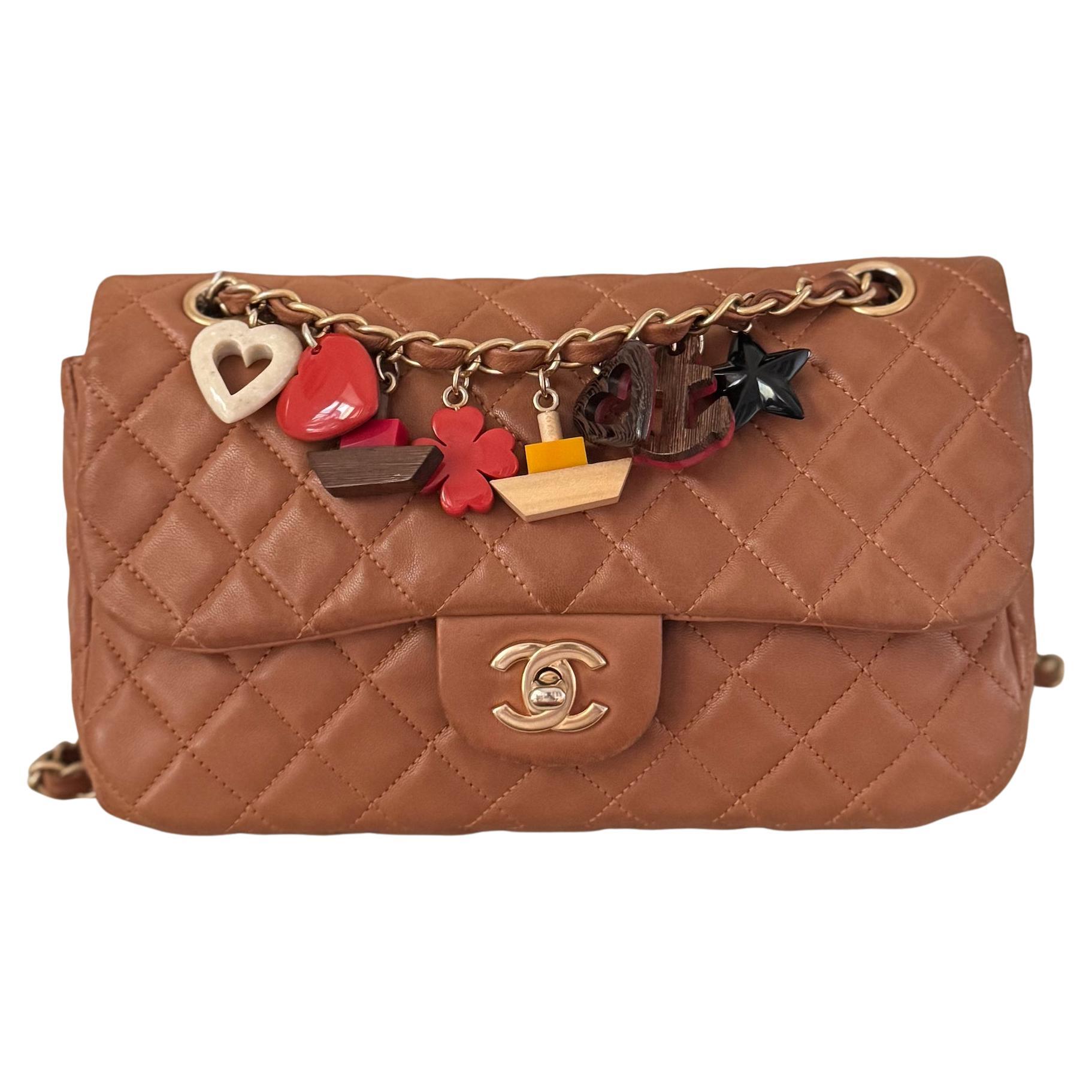 Chanel Seasonal Flap Medium Caramel Tan Brown Leather Valentine Marine Charms For Sale