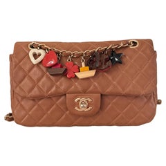 Chanel Seasonal Flap Medium Caramel Tan Brown Leather Valentine Marine Charms