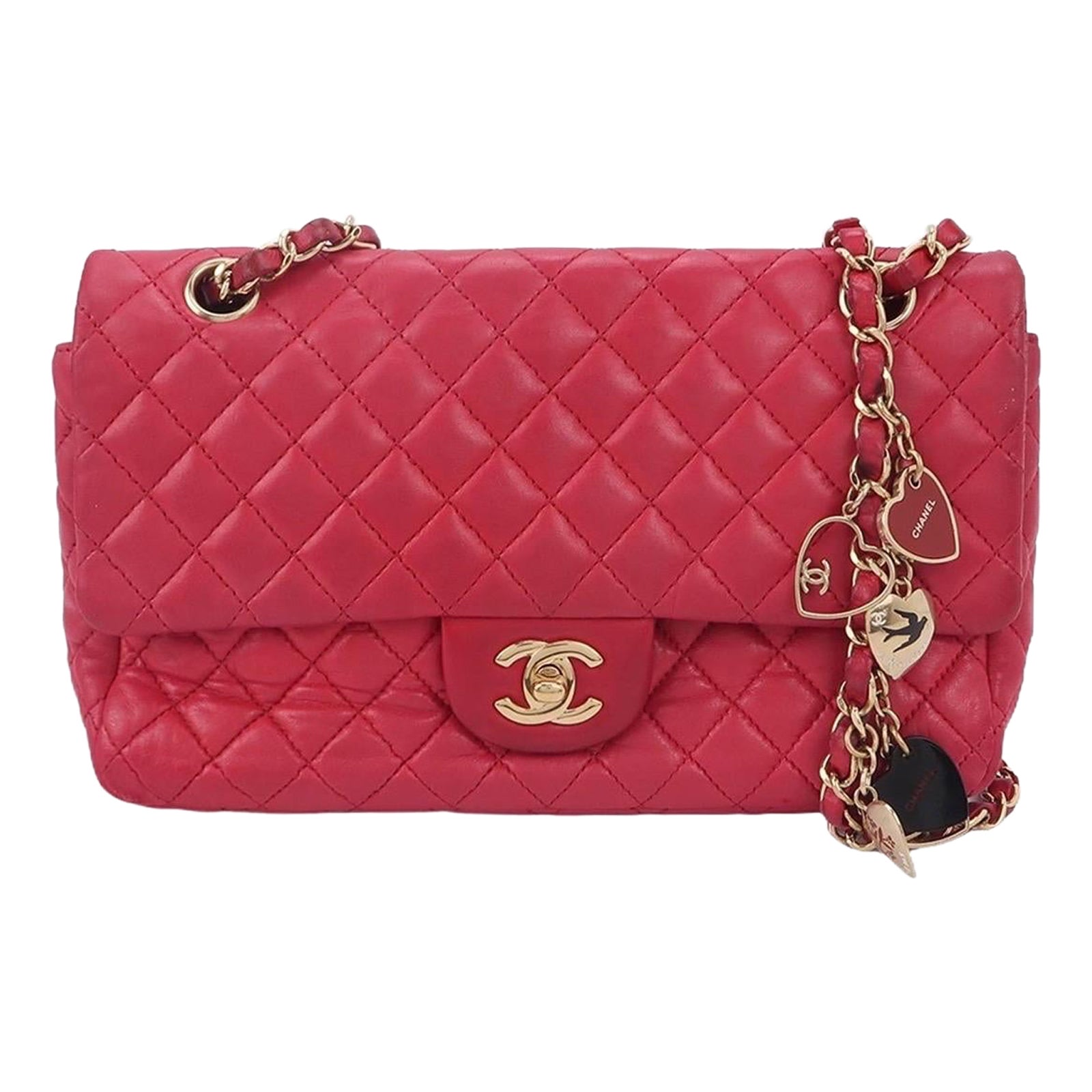 Chanel Seasonal Flap Medium Pink Lambskin Leather Valentine
s Heart Charms