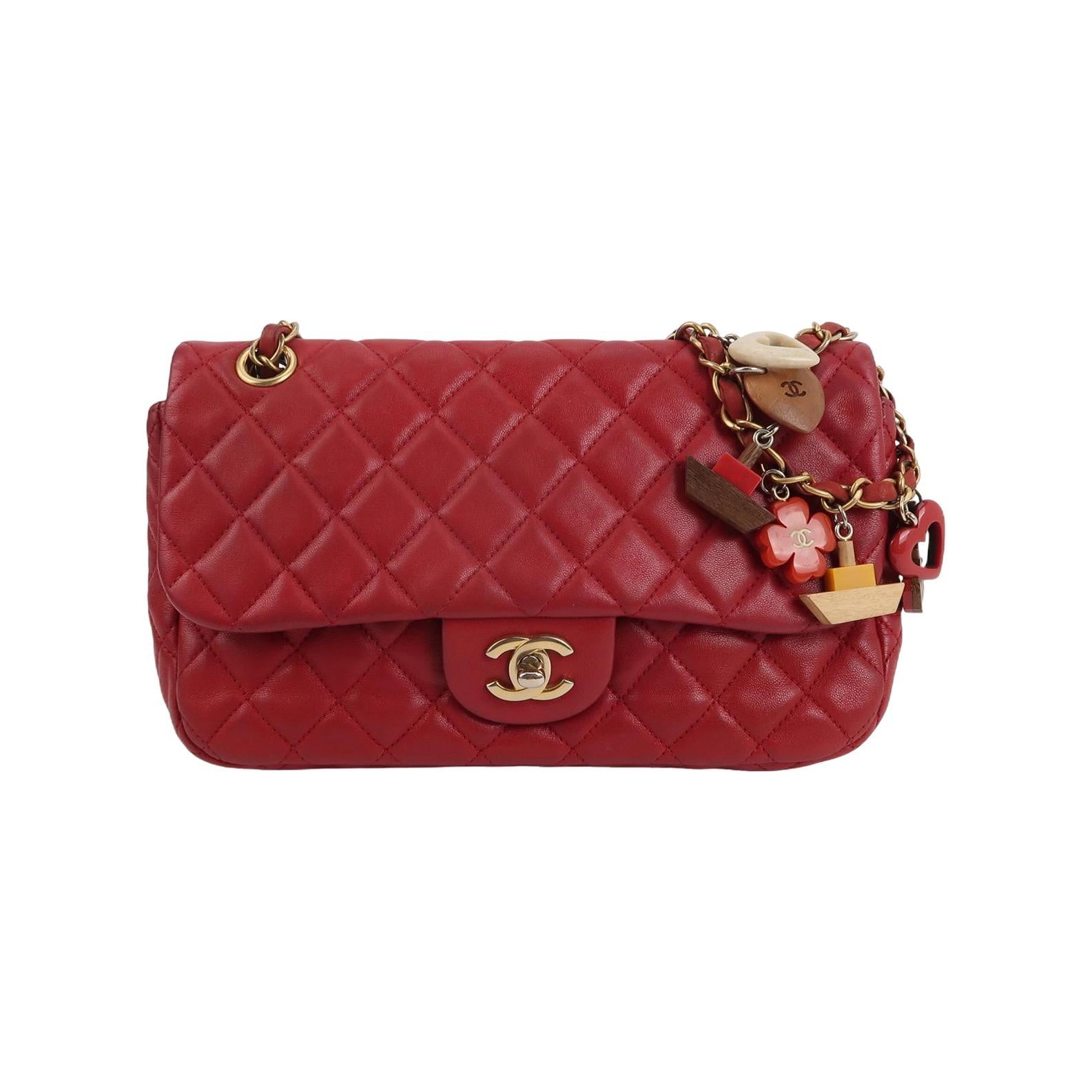 Chanel Seasonal Flap Medium Red Lambskin Leather Valentine Marine Charms