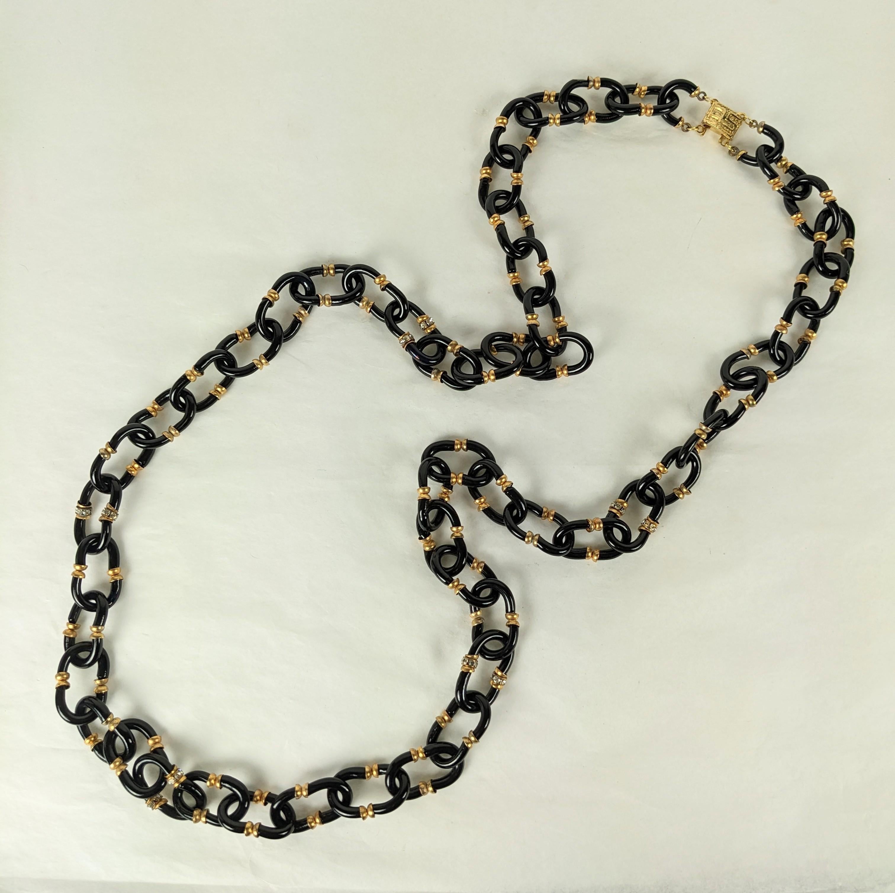 Archimede Seguso for Chanel Glass Link Chain of black glass links with metal spacers and pave rhinestone rondels. The glass links have interior metal wires and are quite strong. Archimede Seguso logo clasp 