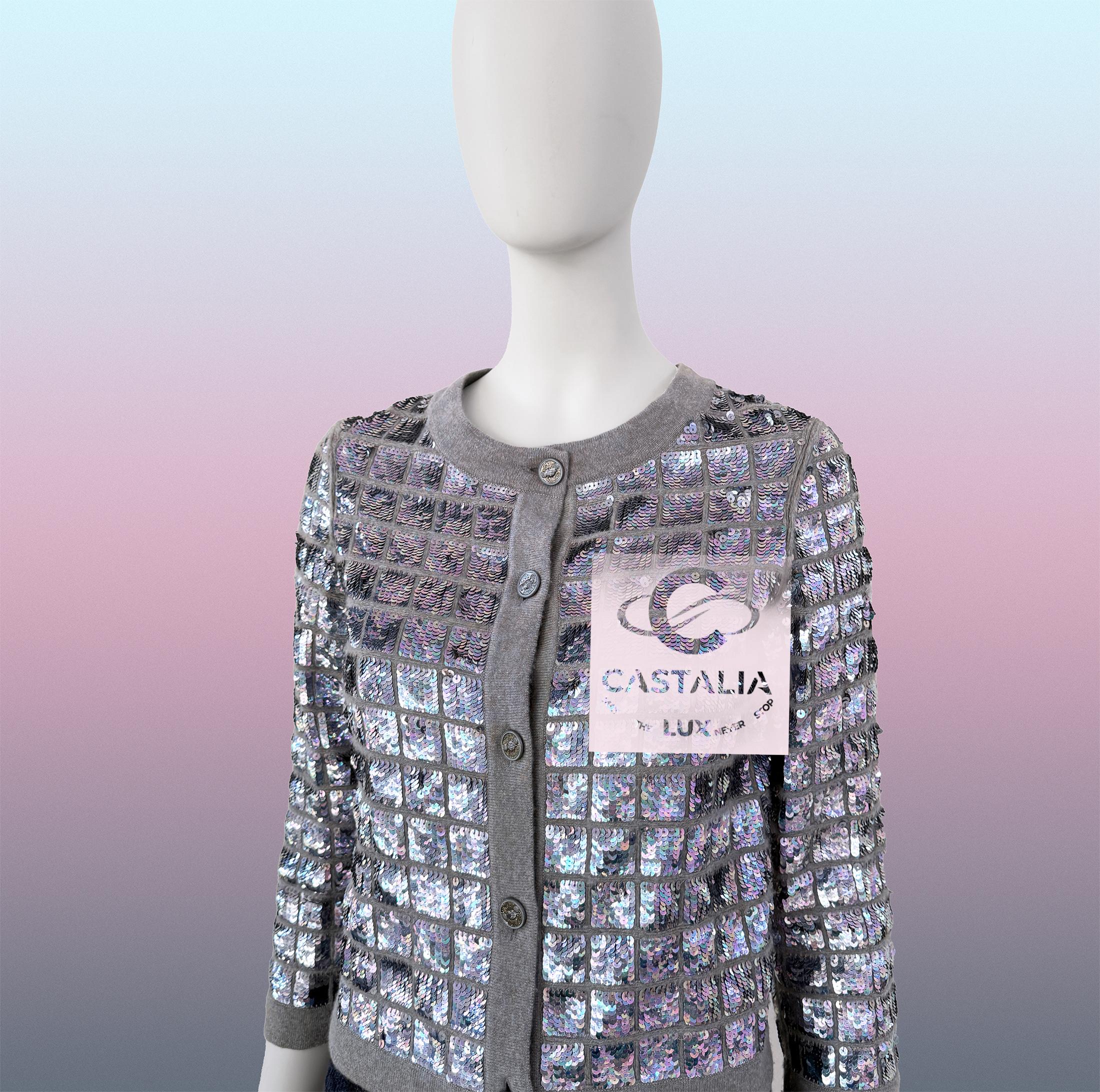 Chanel Pailletten-Strickjacke mit CC Handshake-Knöpfen 46 FR im Angebot 5