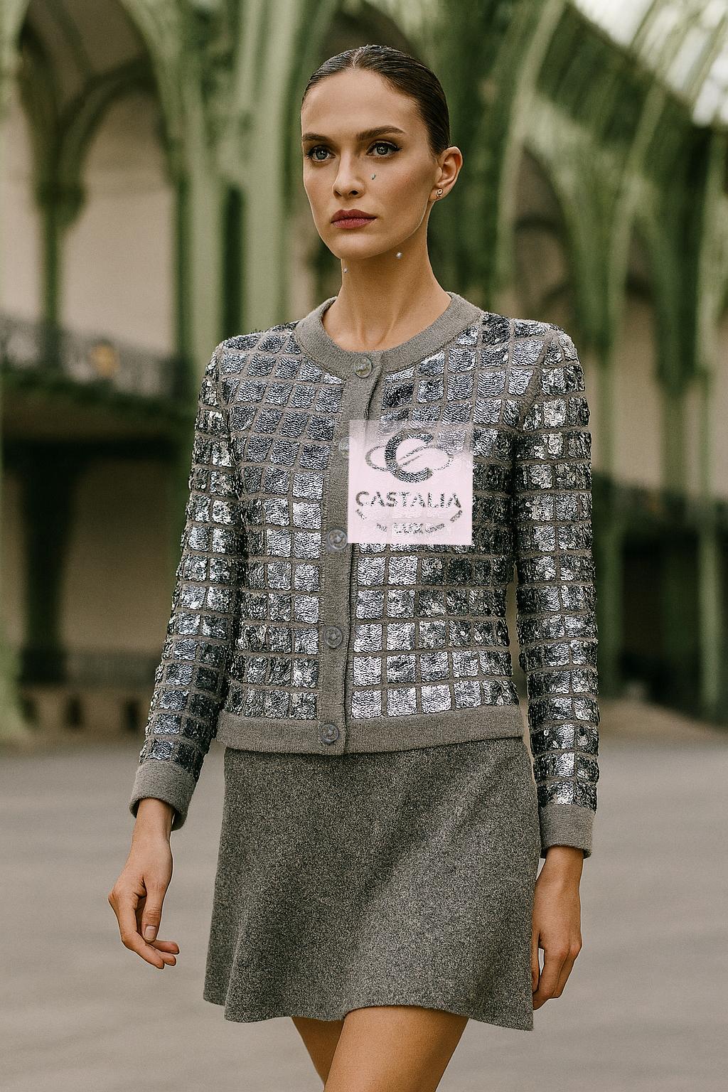 Chaqueta Chanel de lentejuelas con botones CC Handshake 46 FR Gris en venta