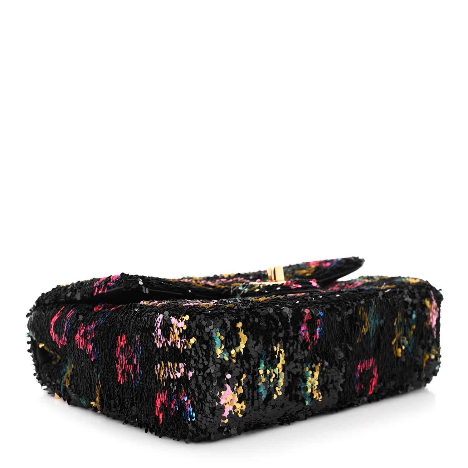 De las mujeres Chanel Bolso Solapa Lentejuelas Estampado Disco Negro Multicolor Pequeño en venta