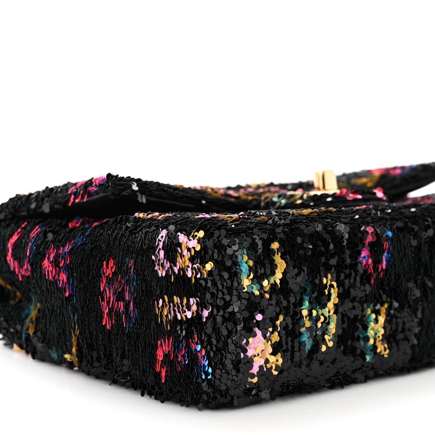 Chanel Bolso Solapa Lentejuelas Estampado Disco Negro Multicolor Pequeño en venta 1