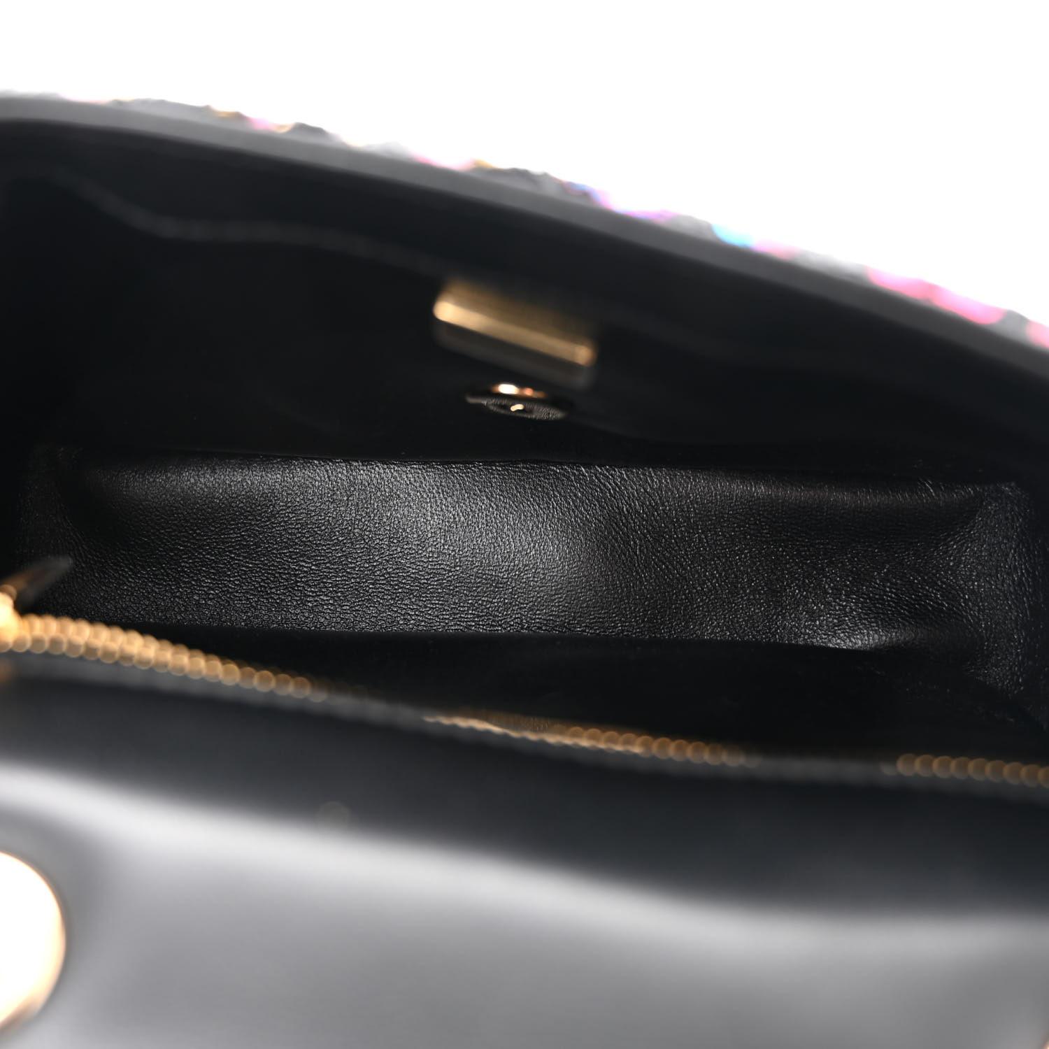 Chanel Bolso Solapa Lentejuelas Estampado Disco Negro Multicolor Pequeño en venta 2