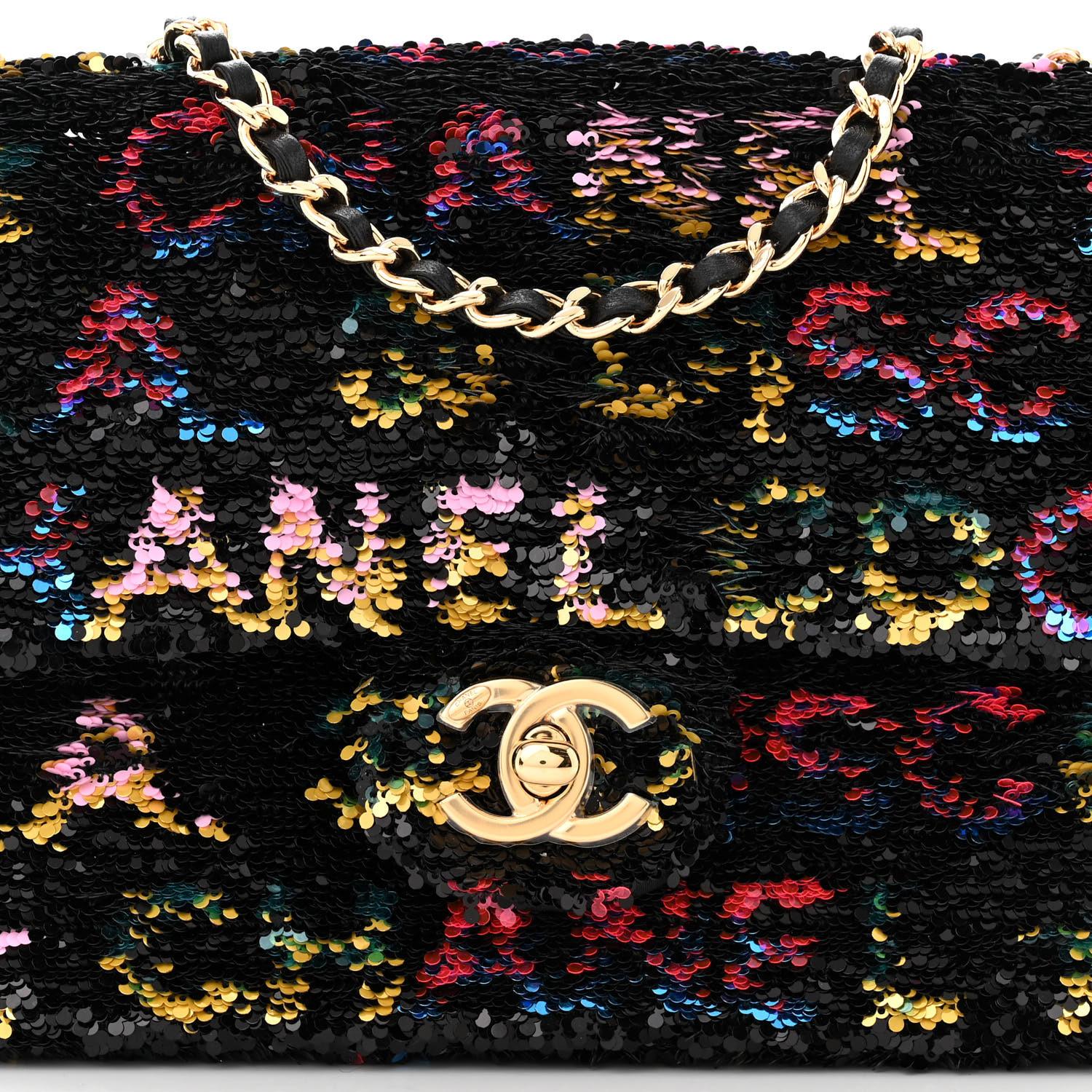 Chanel Bolso Solapa Lentejuelas Estampado Disco Negro Multicolor Pequeño en venta 3
