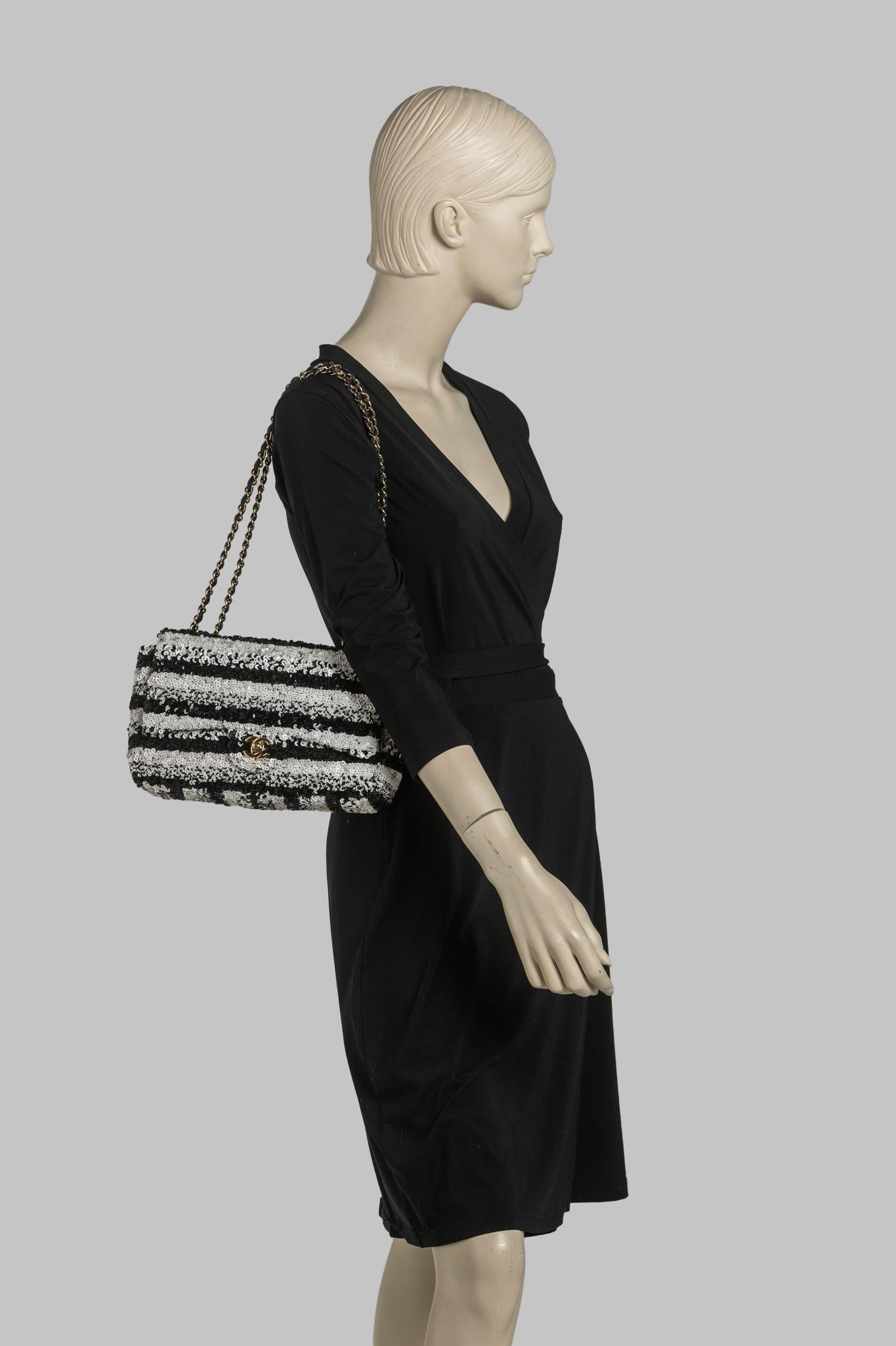 Chanel Sequin Small Flap Black White For Sale 10