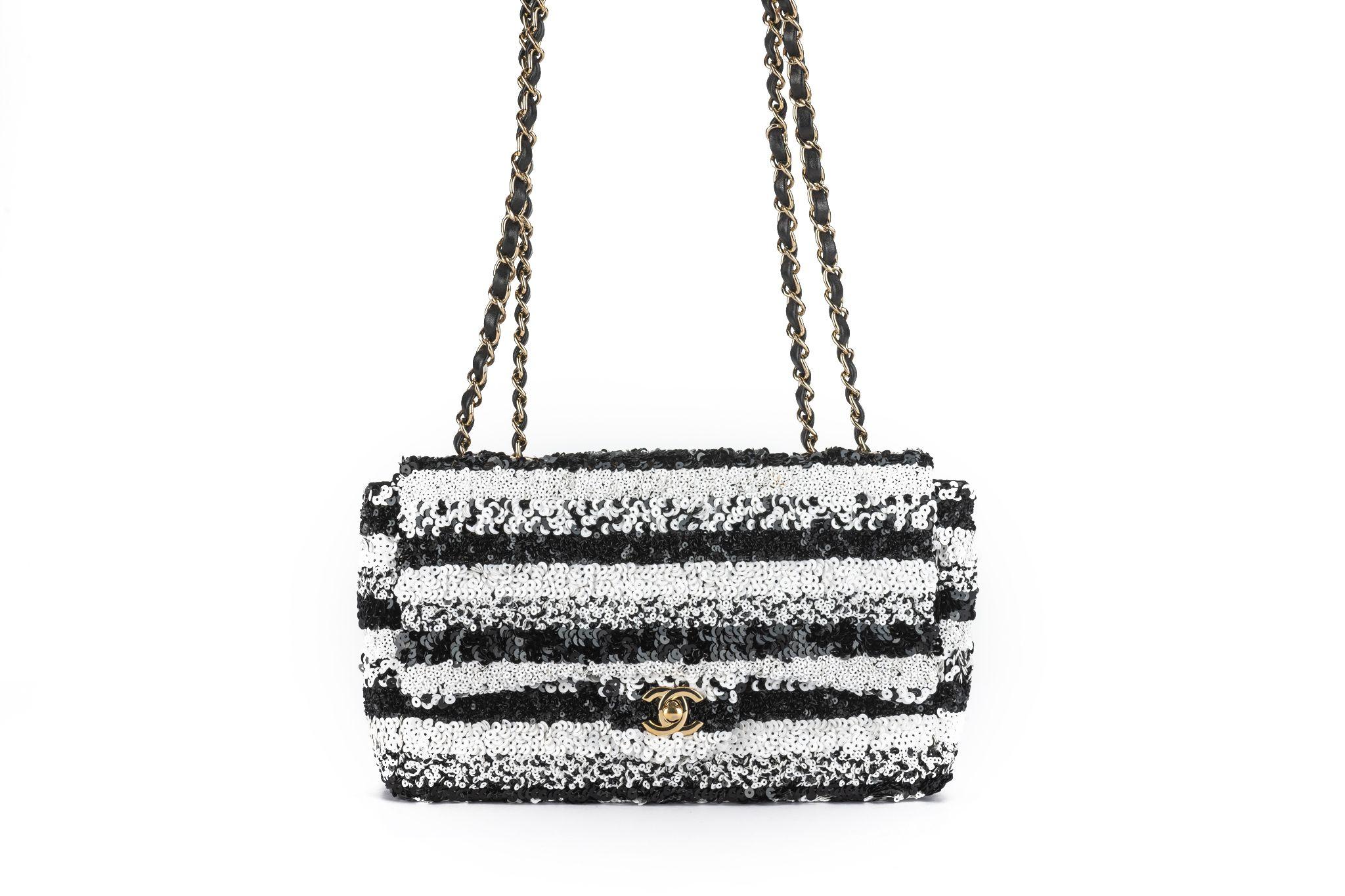 Chanel Sequin Small Flap Black White For Sale 2